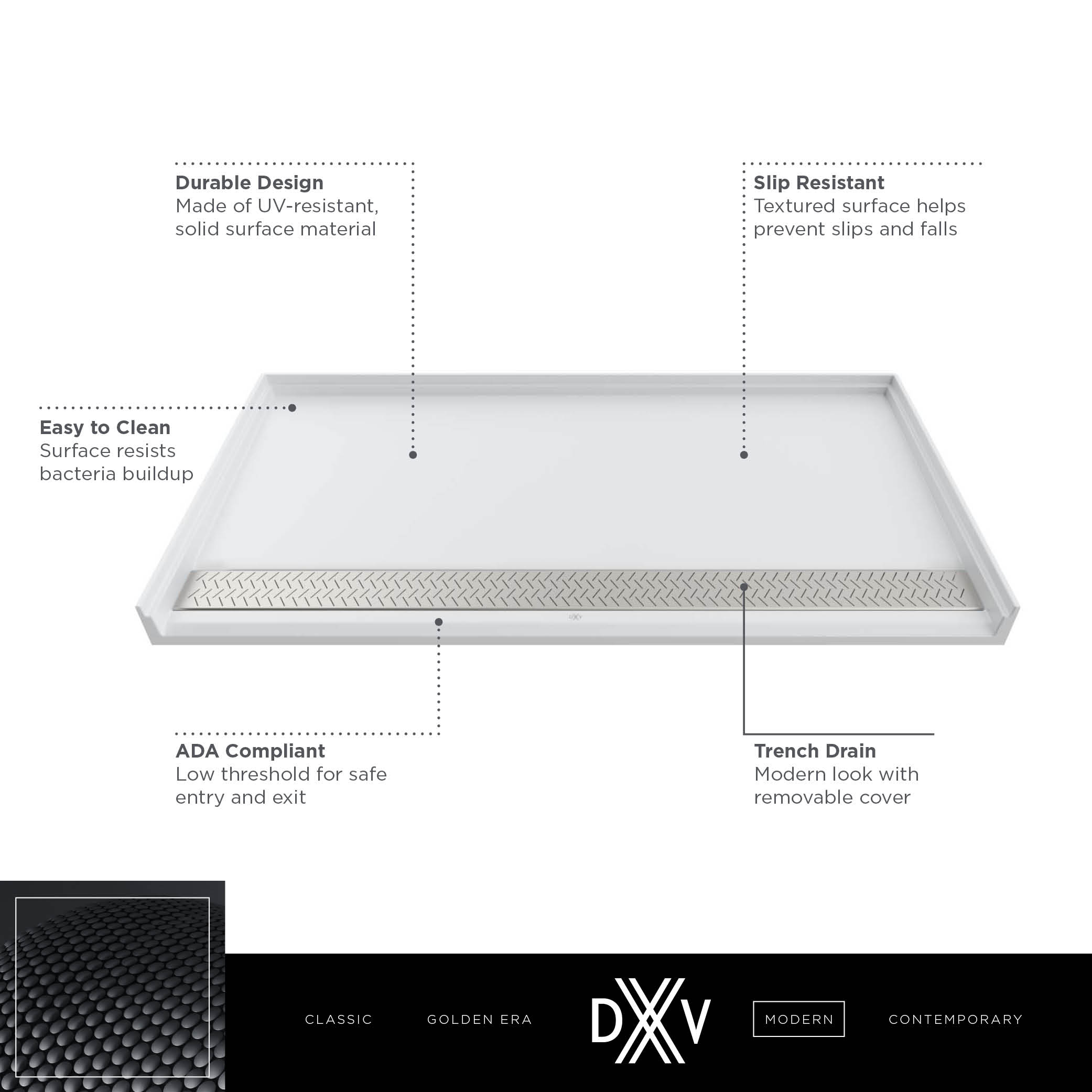 DXV MODULUS 64” X 34” SOLID SURFACE SHOWER BASE - FRONT DRAIN