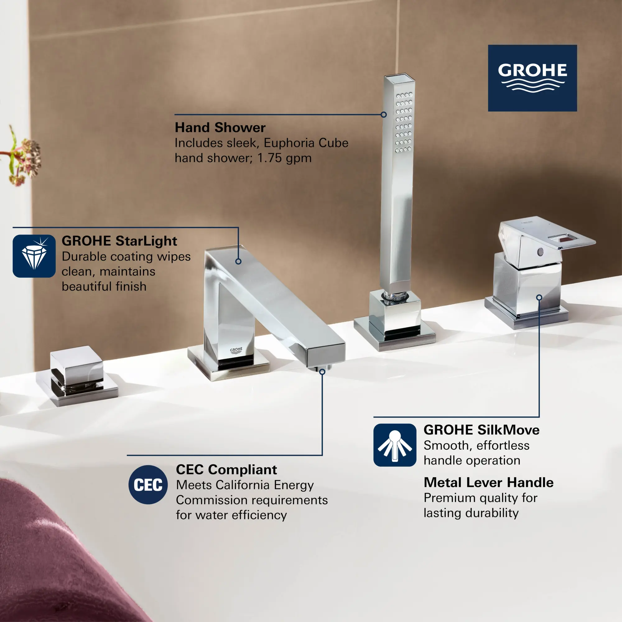 4-Hole Single-Handle Deck Mount Roman Tub Faucet with 6.6 L/min (1.75 gpm) Hand Shower