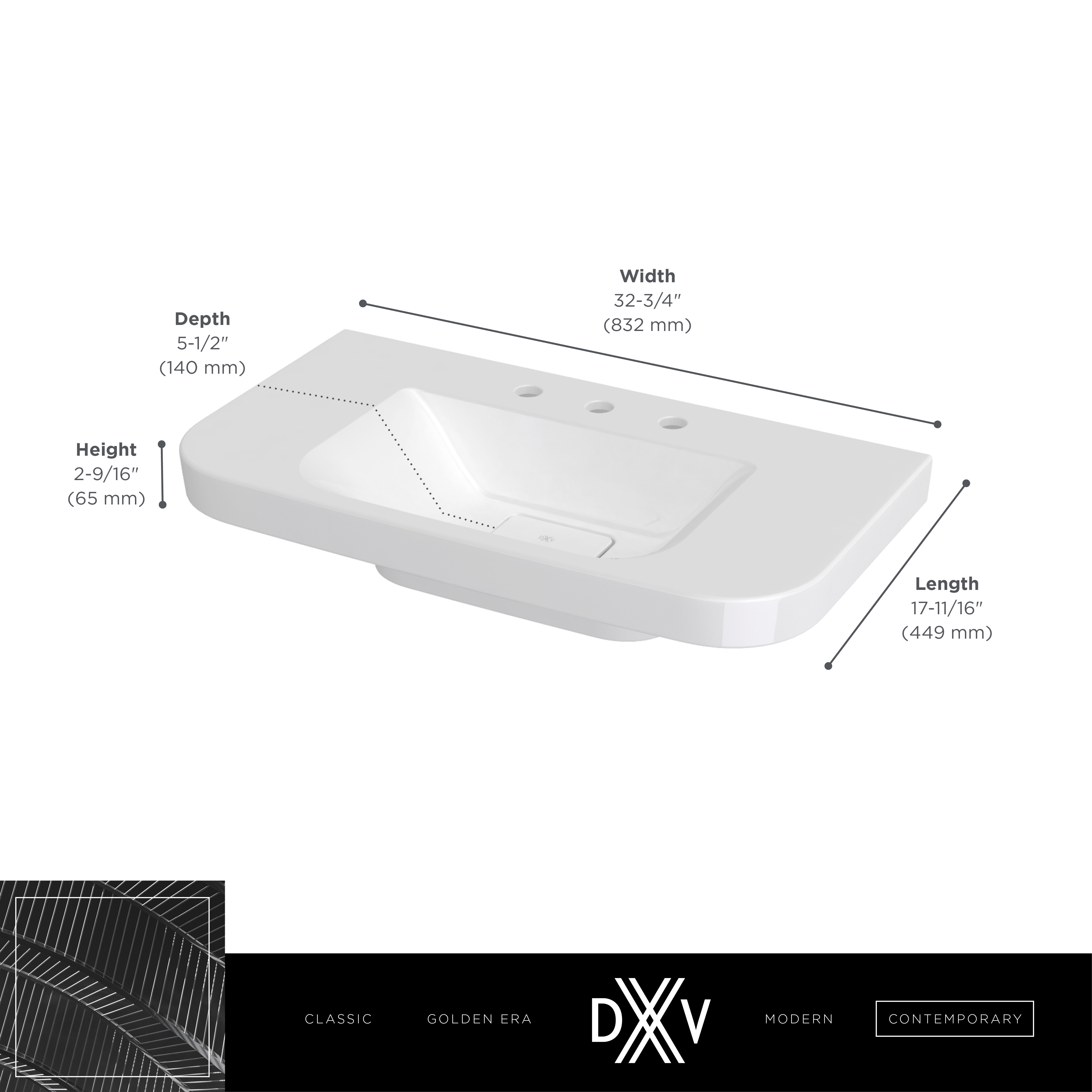 Lavabo murale de 33 po Equility - trois trous