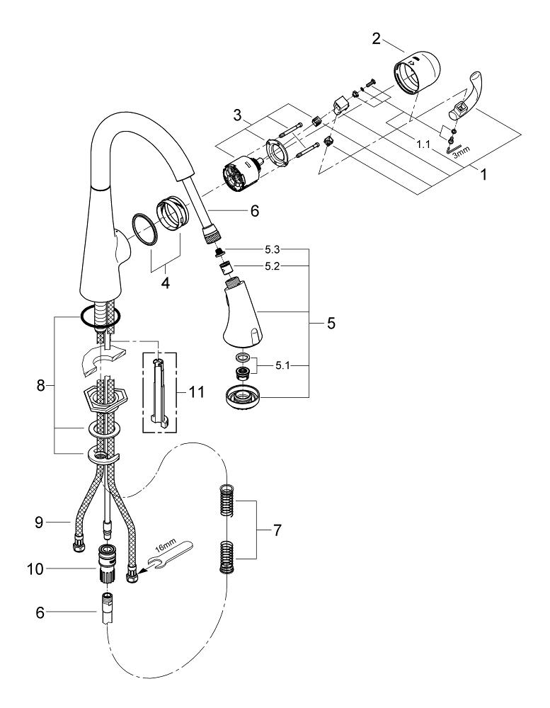 Single Handle Pull Down Kitchen Faucet Dual Spray 6 6 L Min 1 75 Gpm   19407 32298DC0 Spare Parts Diagram Original 