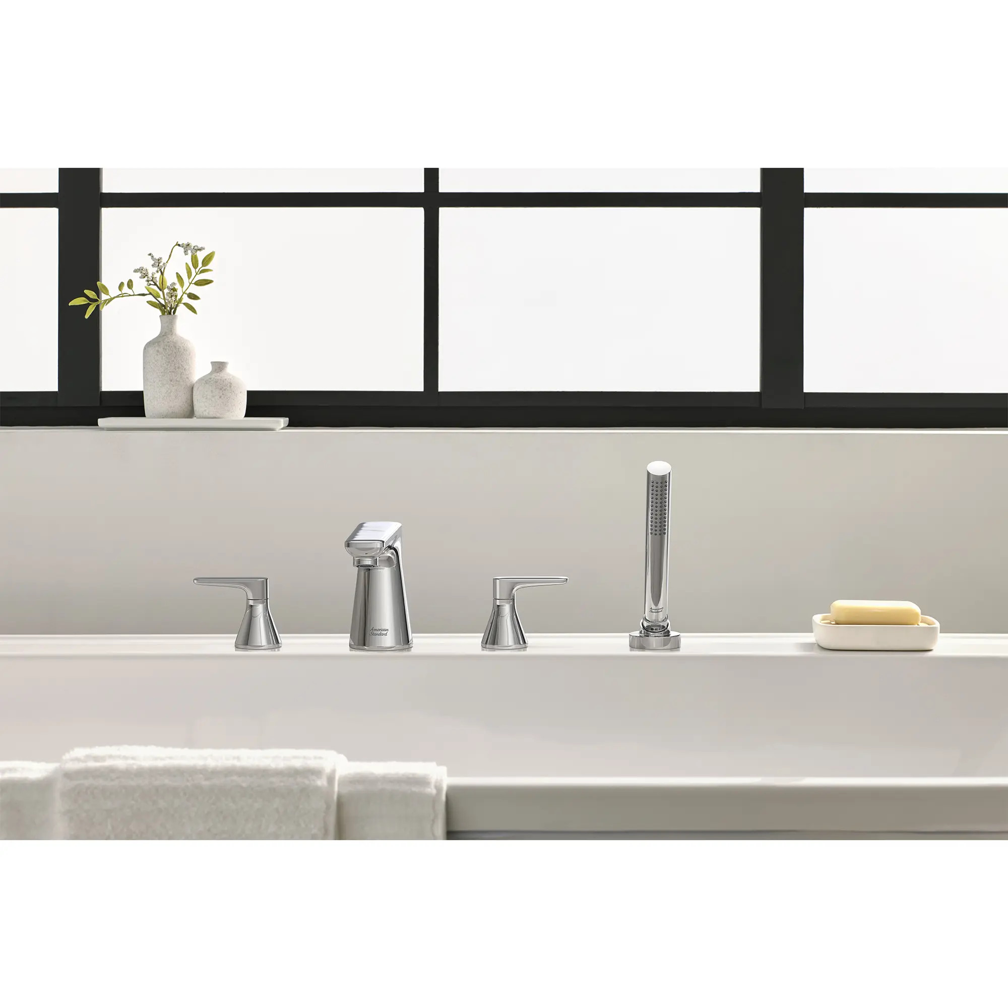 Aspirations 4-Hole 2-Handle Deck Mount Roman Tub Faucet  With Lever Handles and Personal Shower