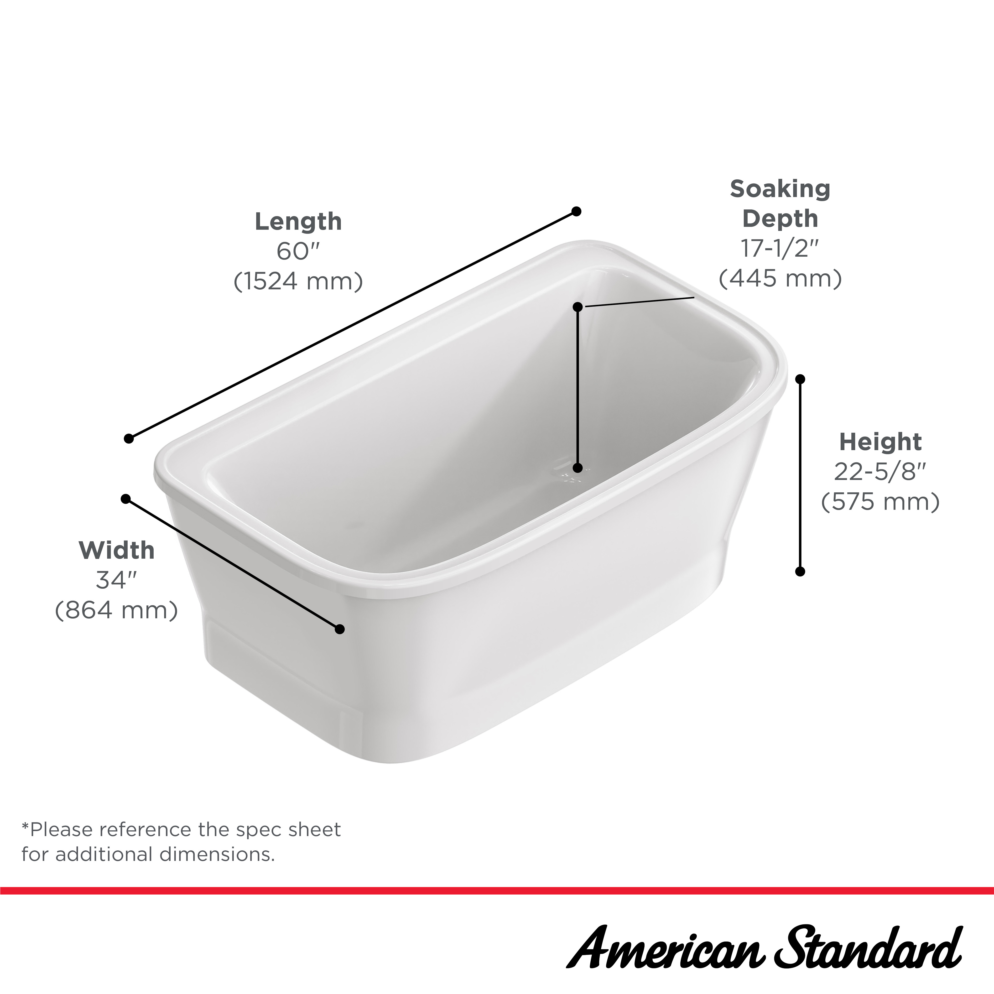 Aspirations - baignoire autoportante de 60 x 34 pouces avec drain et trop-plein blancs