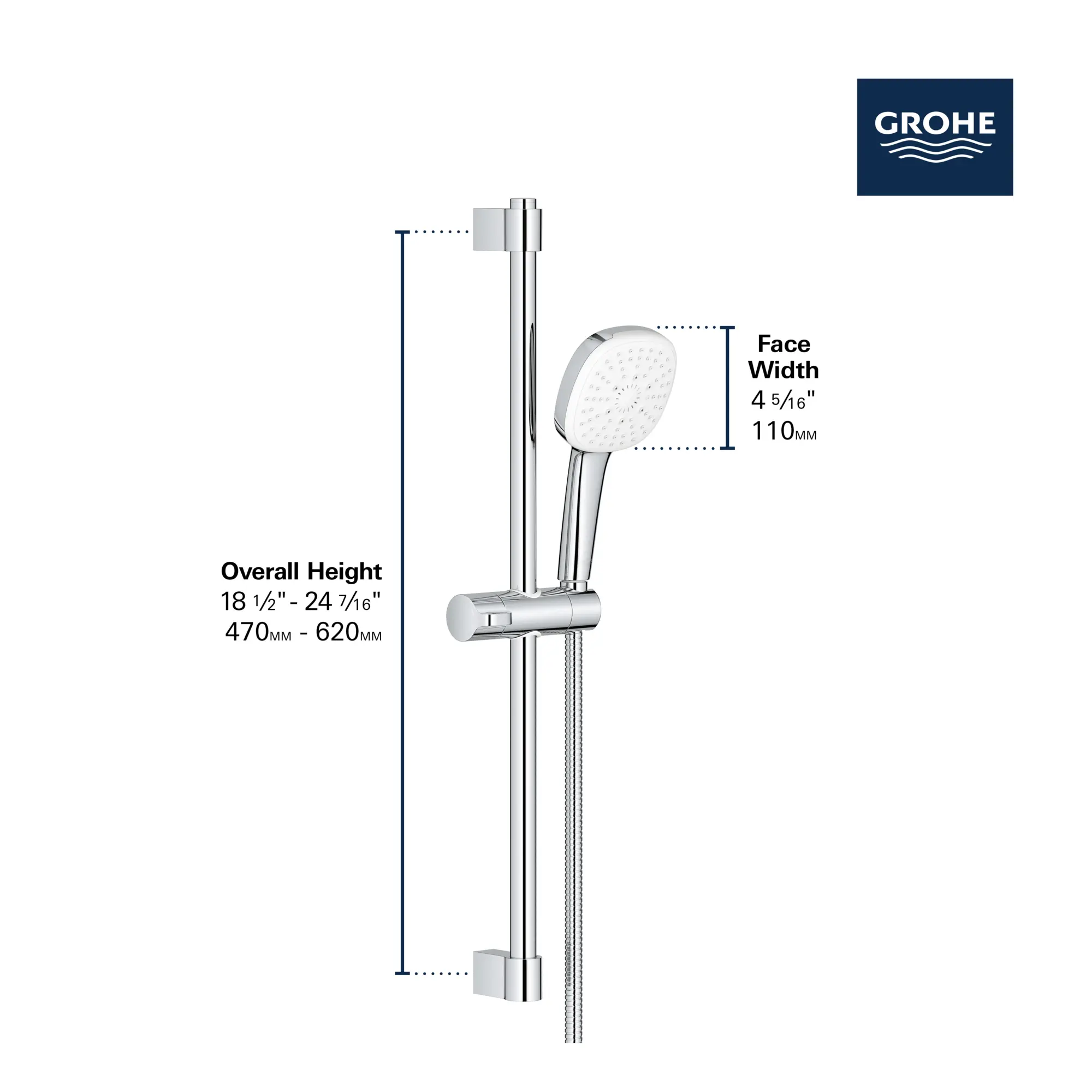 Tempesta Square 110 24" Shower Rail Set, 3-Spray, 1.75 GPM (6.6 L/min)
