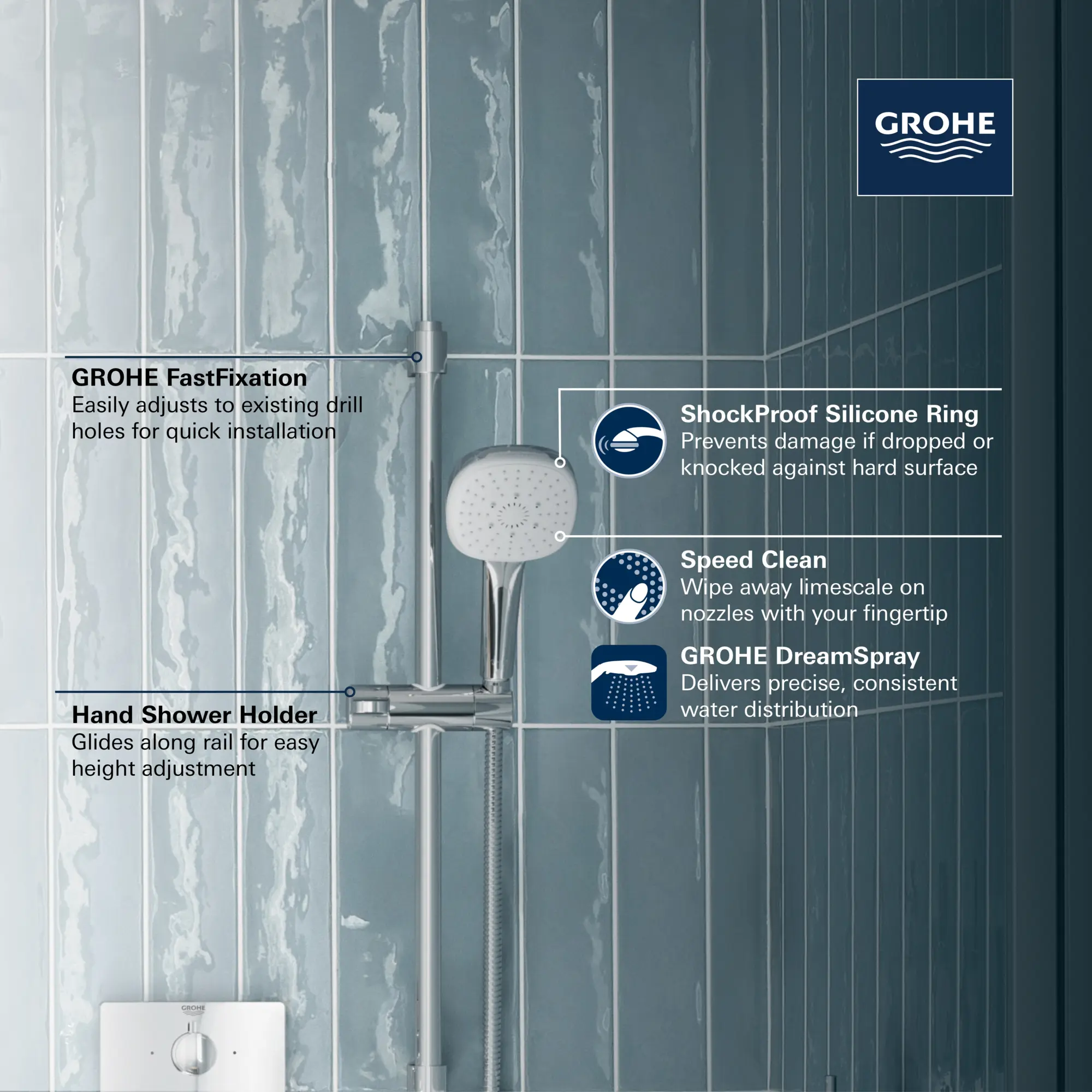 Tempesta Square 110 24" Shower Rail Set, 3-Spray, 1.75 GPM (6.6 L/min)