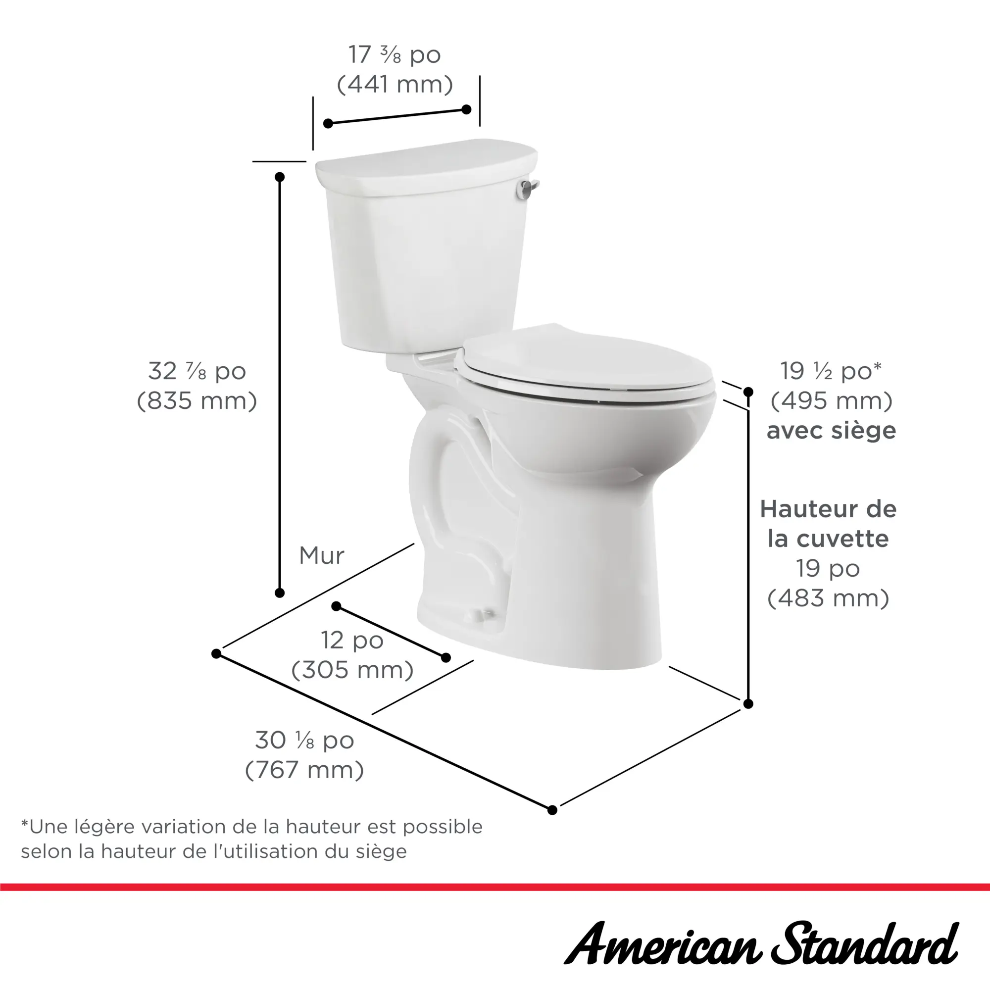 Toilette Cadet® PRO deux pièces, devant allongé, extra-haute, levier de déclenchement à droite, 4,8 l/chasse (1,28 gal/chasse), sans siège