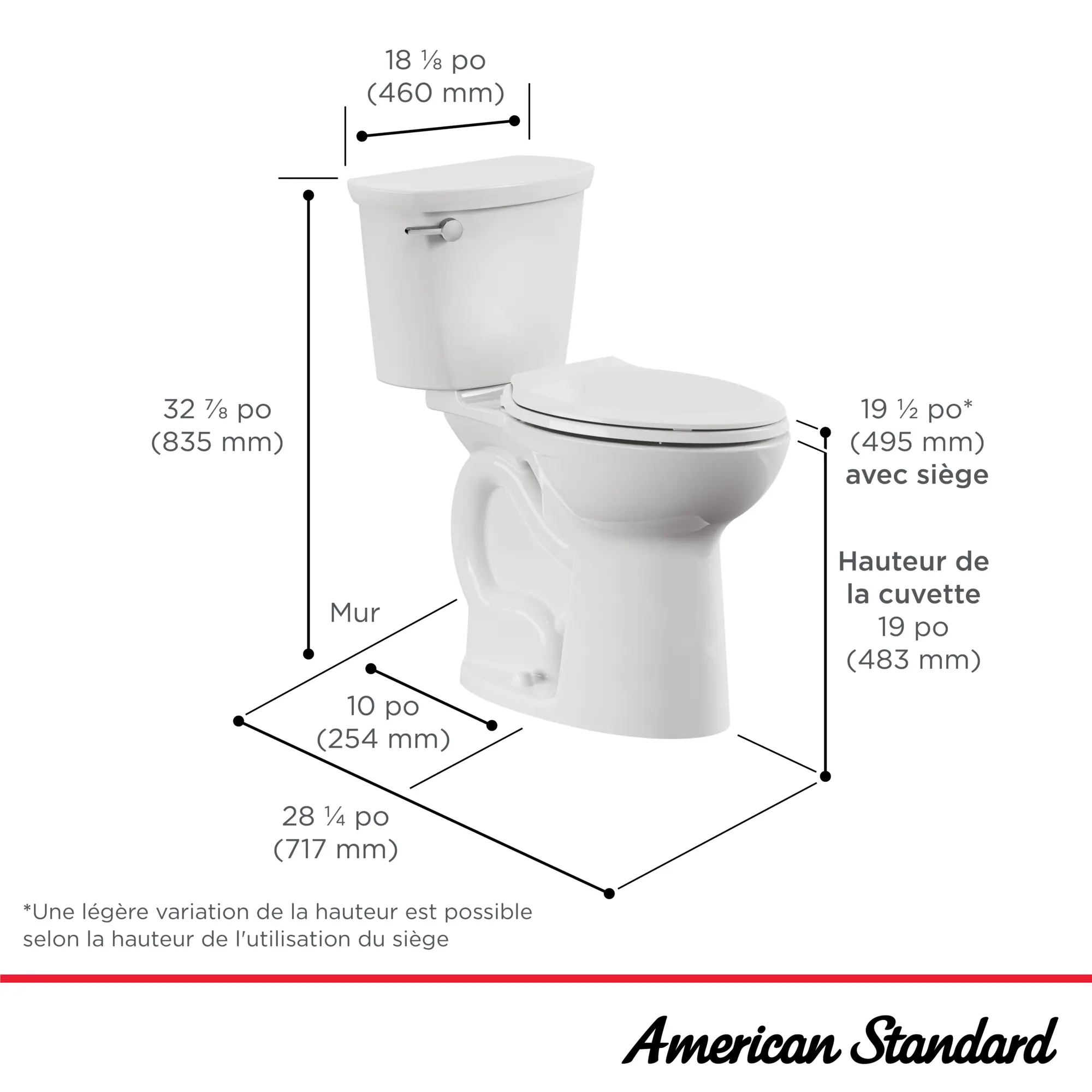 Toilette Cadet® PRO deux pièces, devant allongé, extra-haute, 4,8 l/chasse (1,28 gal/chasse), sans siège, avec plomberie brute de 254 mm (10 po)