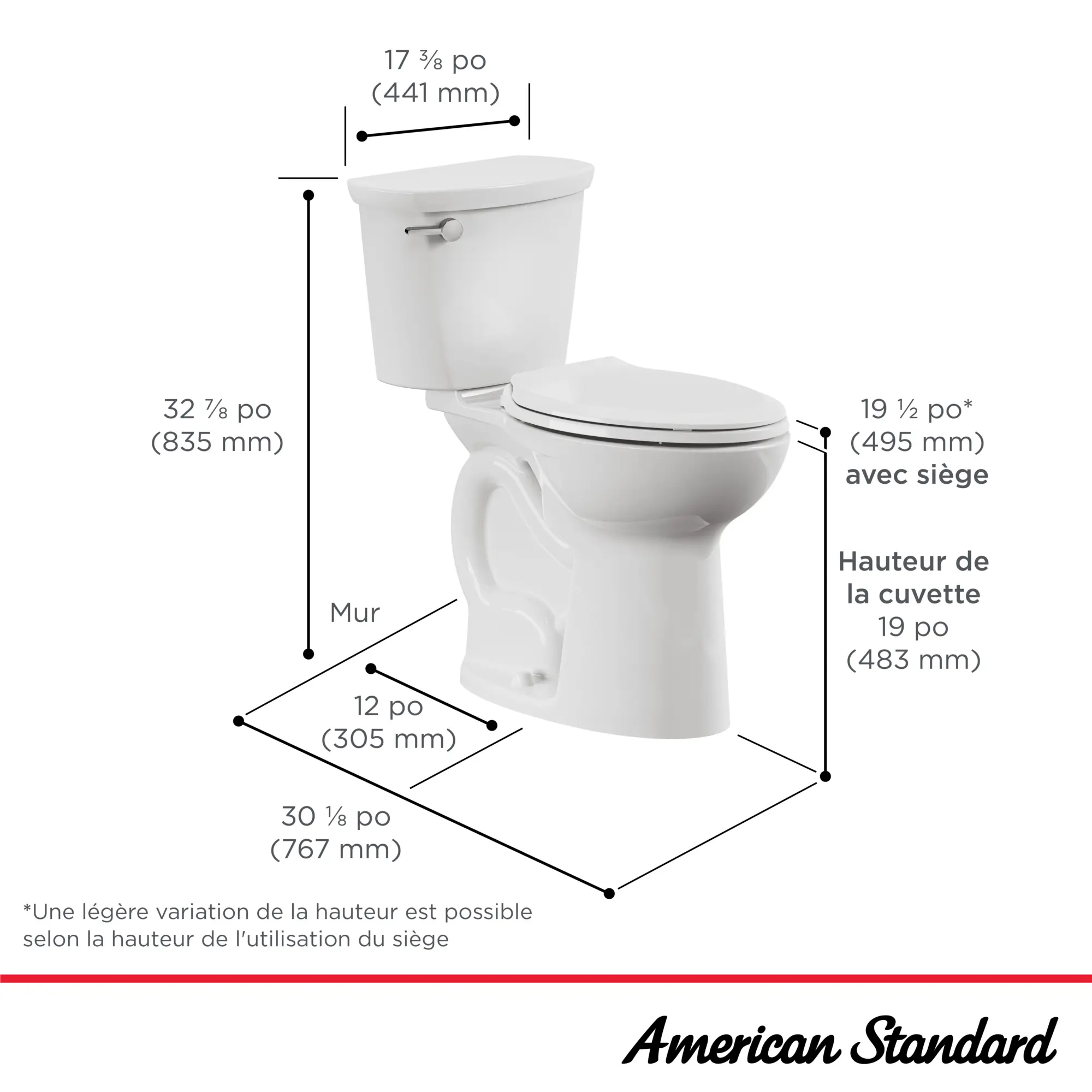 Toilette Cadet® PRO deux pièces, devant allongé, extra-haute, 4,8 l/chasse (1,28 gal/chasse), sans siège