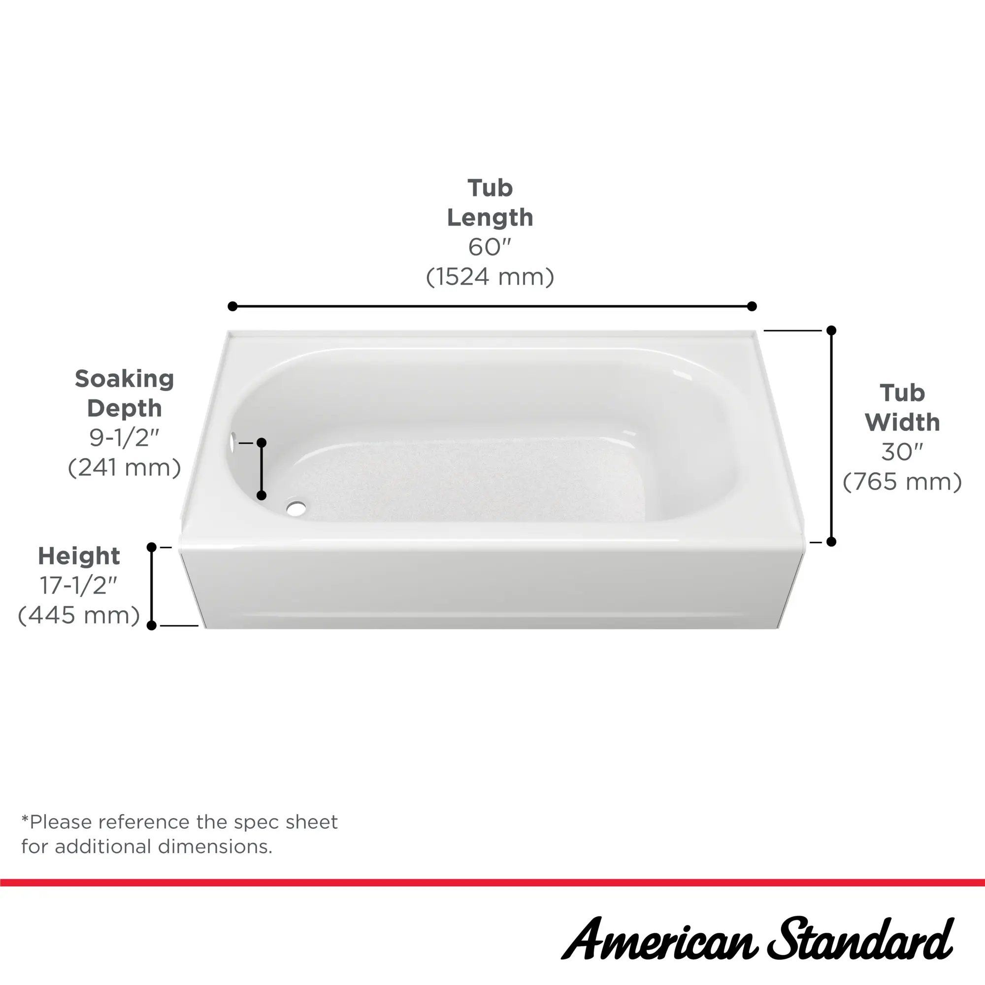 Baignoire Princeton® PRO en acier, tablier intégré, 1 524 x 762 mm (60 x 30 po), plomberie brute au-dessus du sol, orifice d’évacuation à gauche