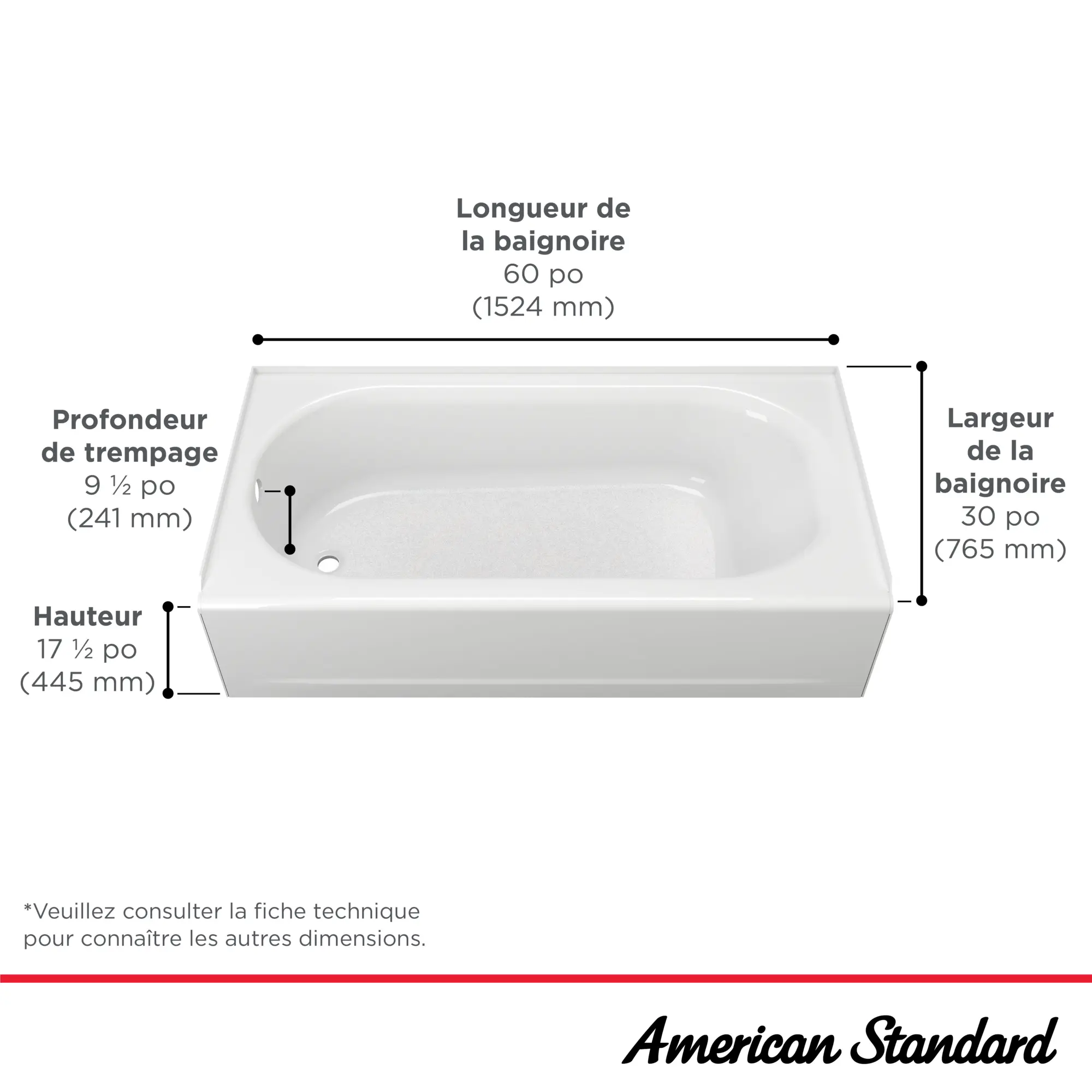Baignoire Princeton® PRO en acier, tablier intégré, 1 524 x 762 mm (60 x 30 po), plomberie brute au-dessus du sol, orifice d’évacuation à gauche
