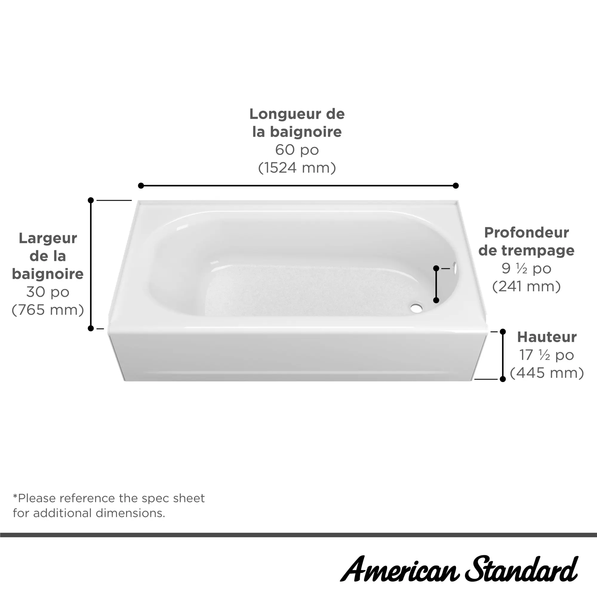 Baignoire Princeton® PRO en acier, tablier intégré, 1 524 x 762 mm (60 x 30 po), plomberie brute au-dessus du sol, orifice d’évacuation à droite