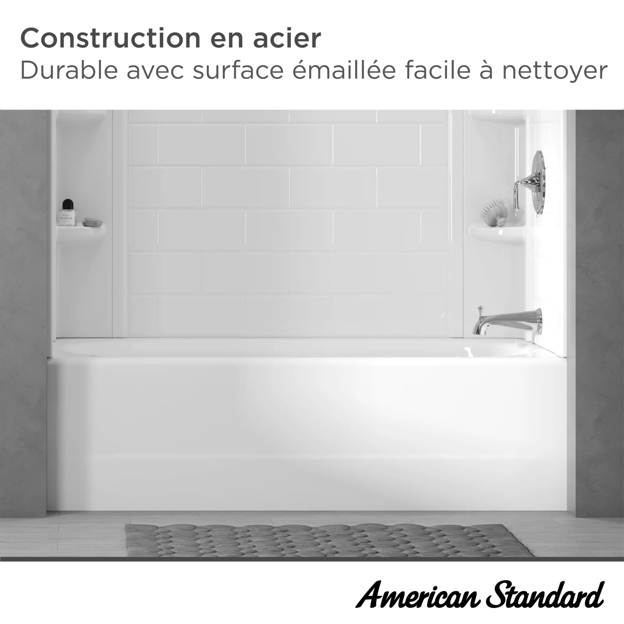 Baignoire Princeton® PRO en acier, tablier intégré, 1 524 x 762 mm (60 x 30 po), plomberie brute au-dessus du sol, orifice d’évacuation à droite
