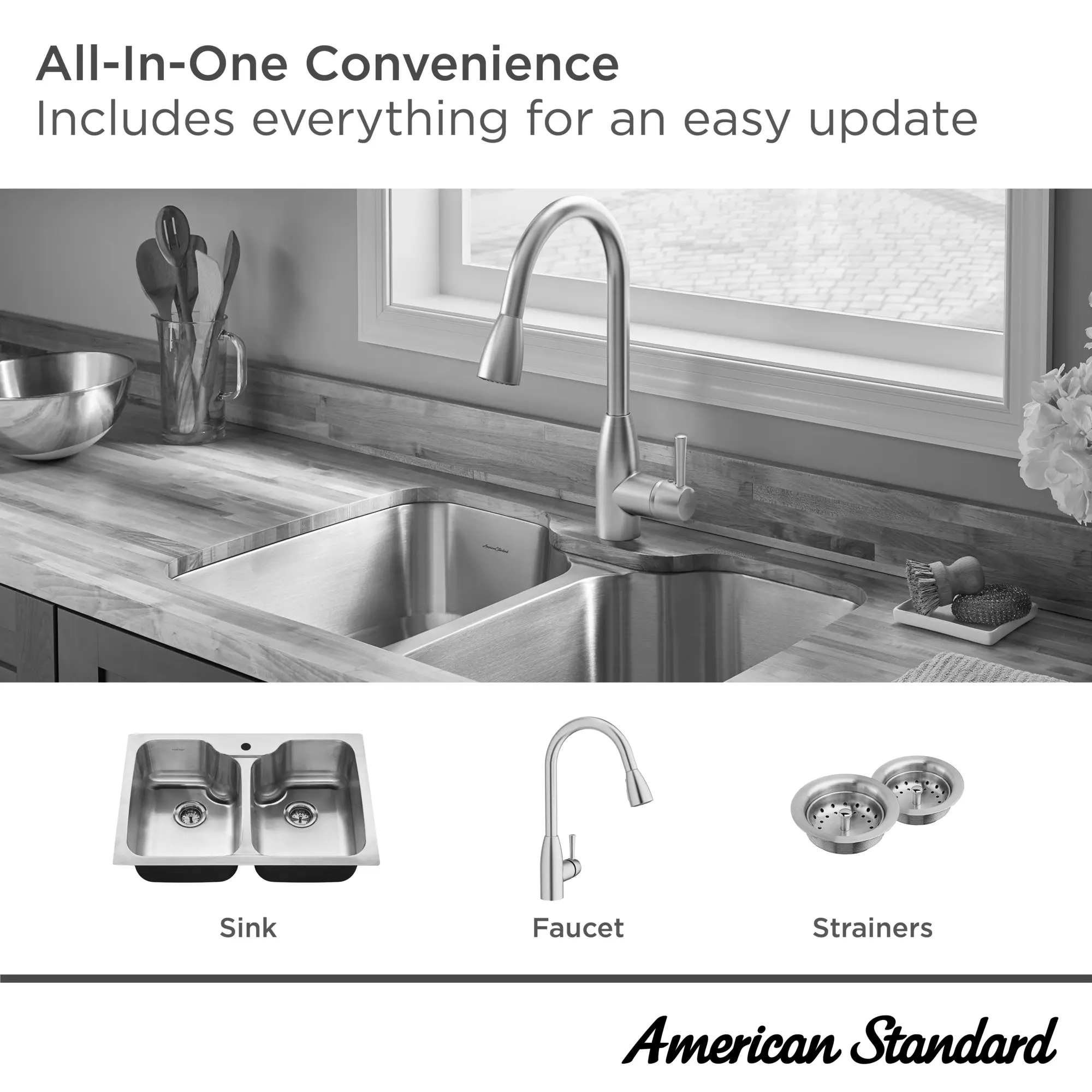 American Standard Tulsa 33-in x 22-in Stainless Steel Double Equal Bowl Drop-In or Undermount 1-Hole Residential Kitchen Sink All-in-One Kit