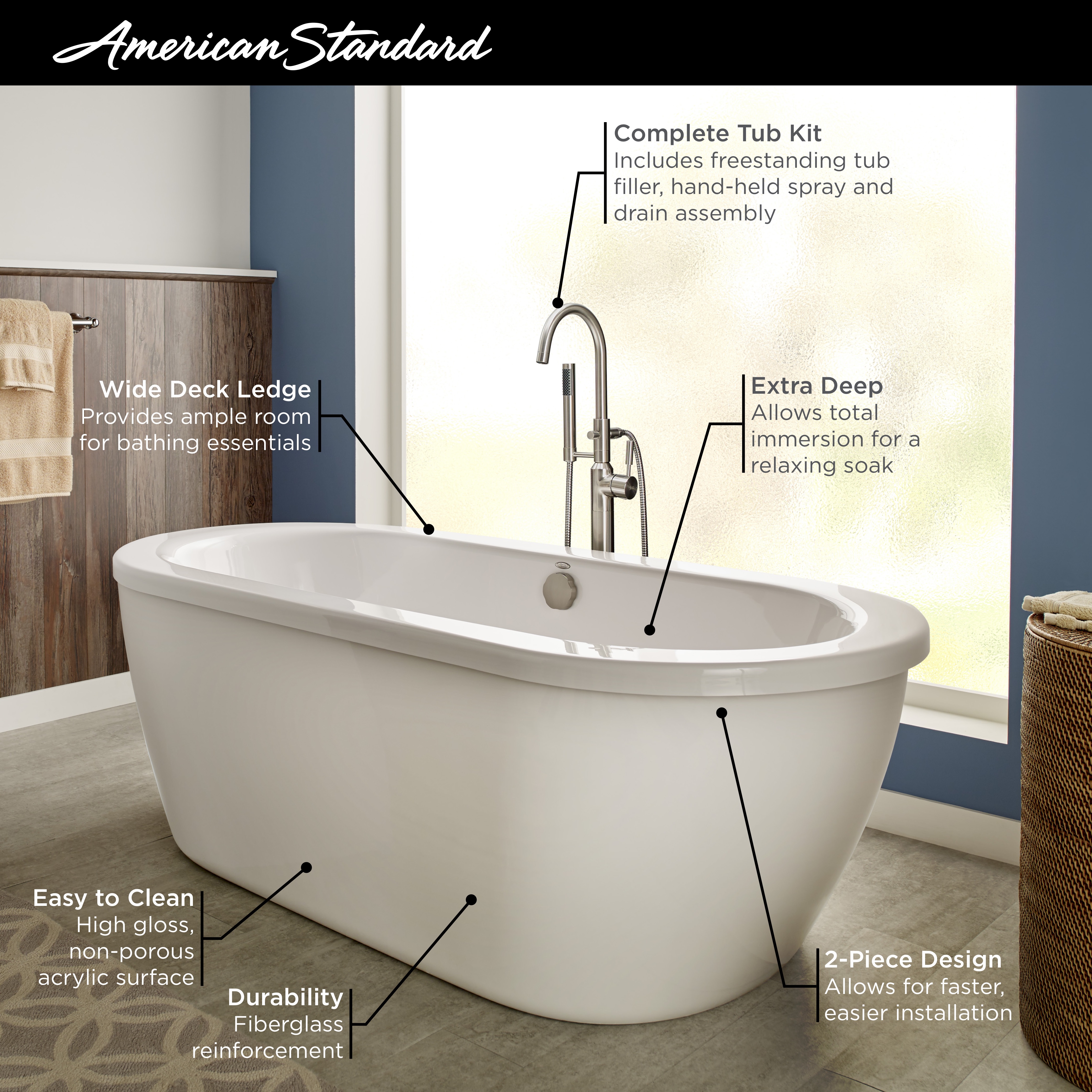 Cadet® 66 x 32-Inch Freestanding Bathtub With Brushed Nickel Finish Filler and Drain Kit