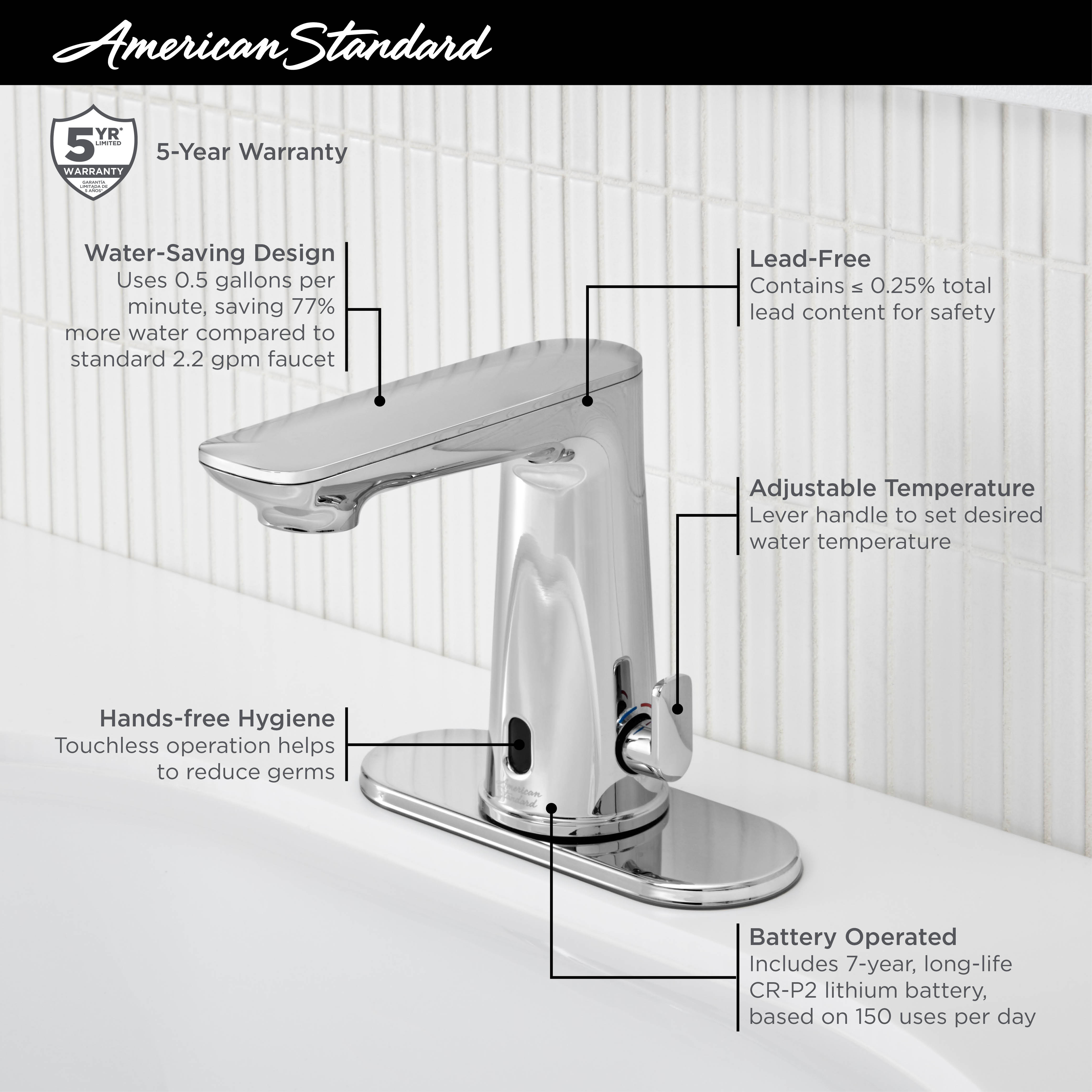 Clean IR Touchless Faucet, Battery-Powered with Above-Deck Mixing, 0.5 gpm/1.9 Lpm