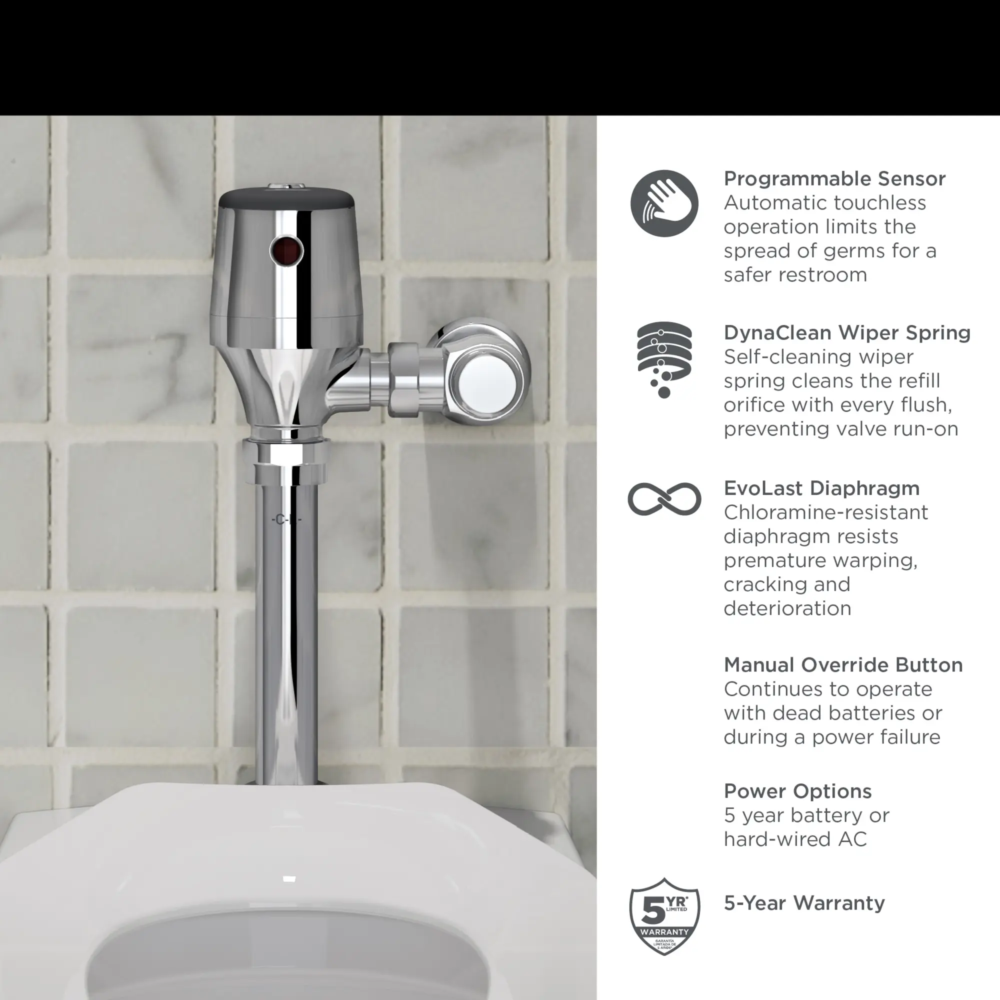 Ultima® Selectronic® Exposed Toilet Flush Valve, Diaphragm Type, Base Model, 1.1 gpf/4.2 Lpf