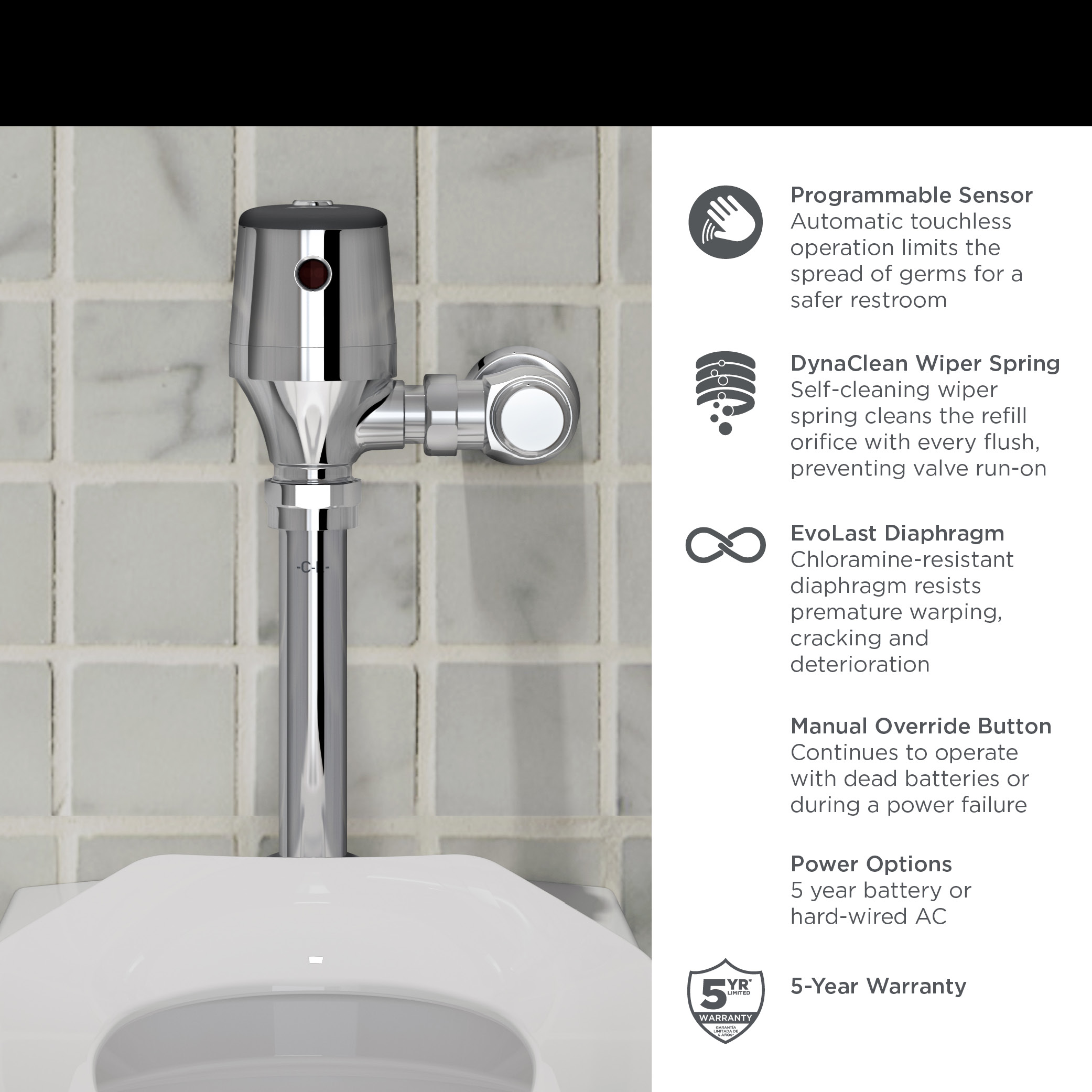 Ultima™ Selectronic™ Exposed Toilet Flush Valve, Diaphragm Type, Battery, 1.28 gpf/4.8 Lpf