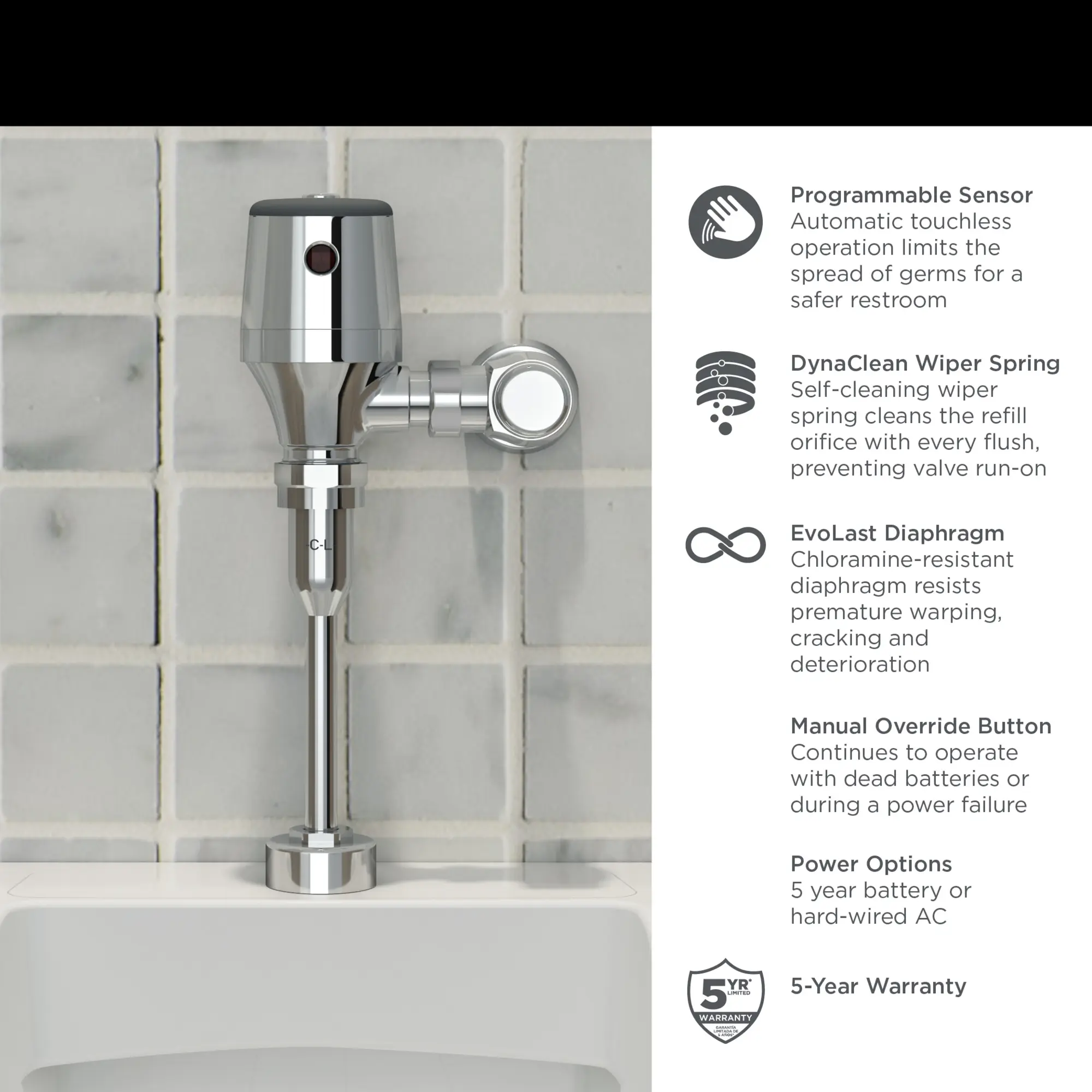 Ultima® Selectronic® Exposed Urinal Flush Valve, Diaphragm Type, Base Model, 0.5 gpf/1.9 Lpf