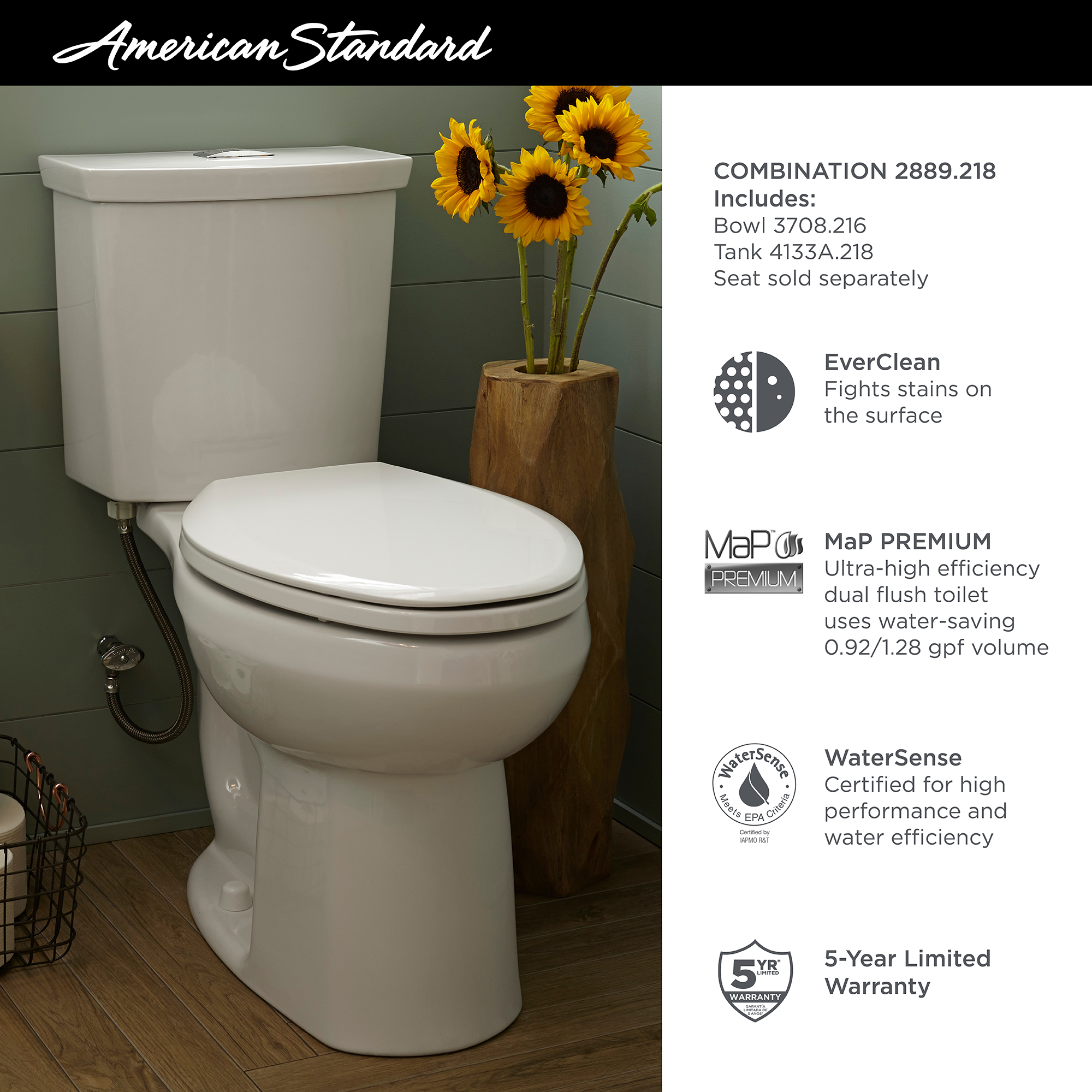 H2Option™ Two-Piece Dual Flush 1.28 gpf/4.8 Lpf and 0.92 gpf/3.5 Lpf Chair Height Elongated Toilet With Liner Less Seat