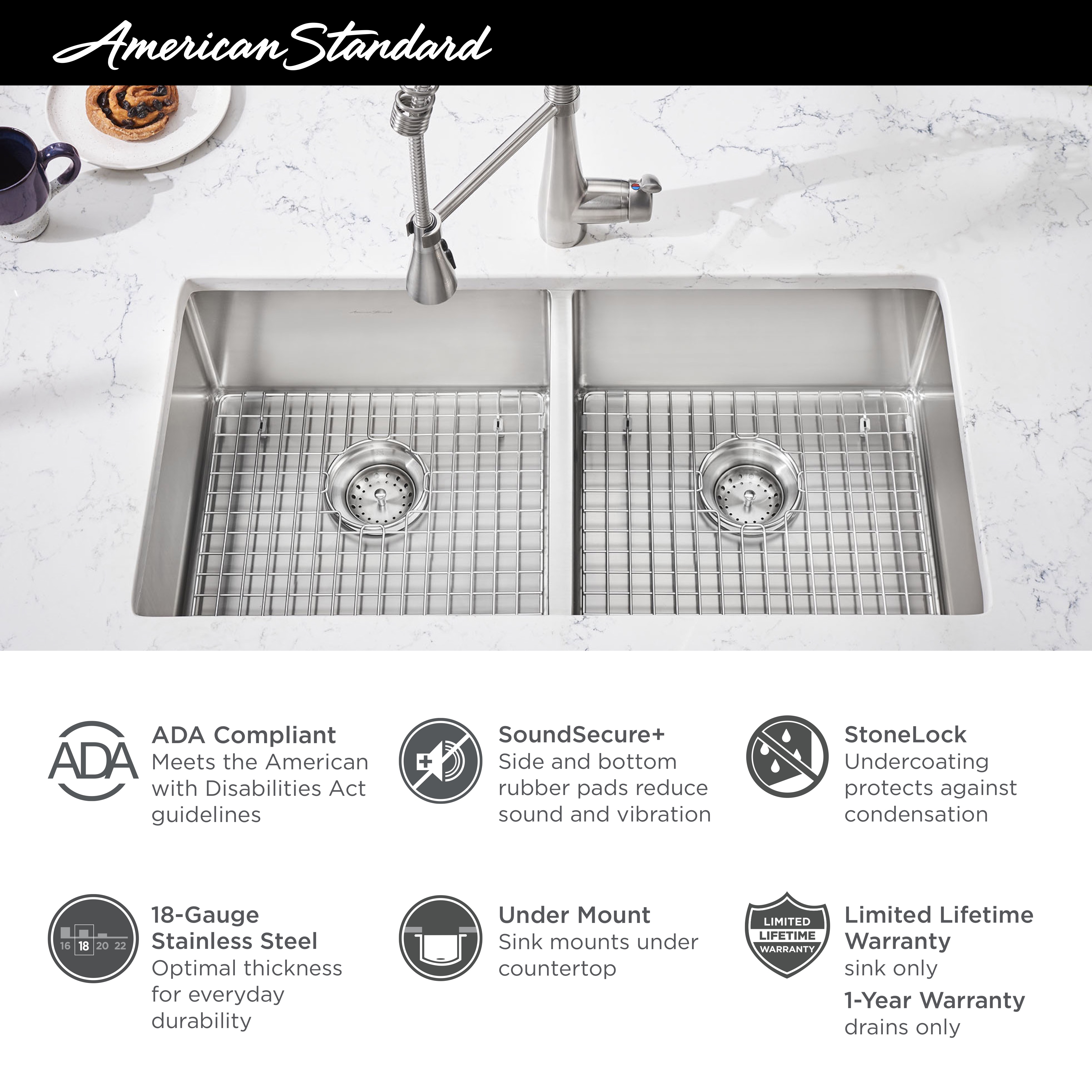 Pekoe™ 29 x 18-Inch Stainless Steel Undermount Double Bowl ADA Kitchen Sink