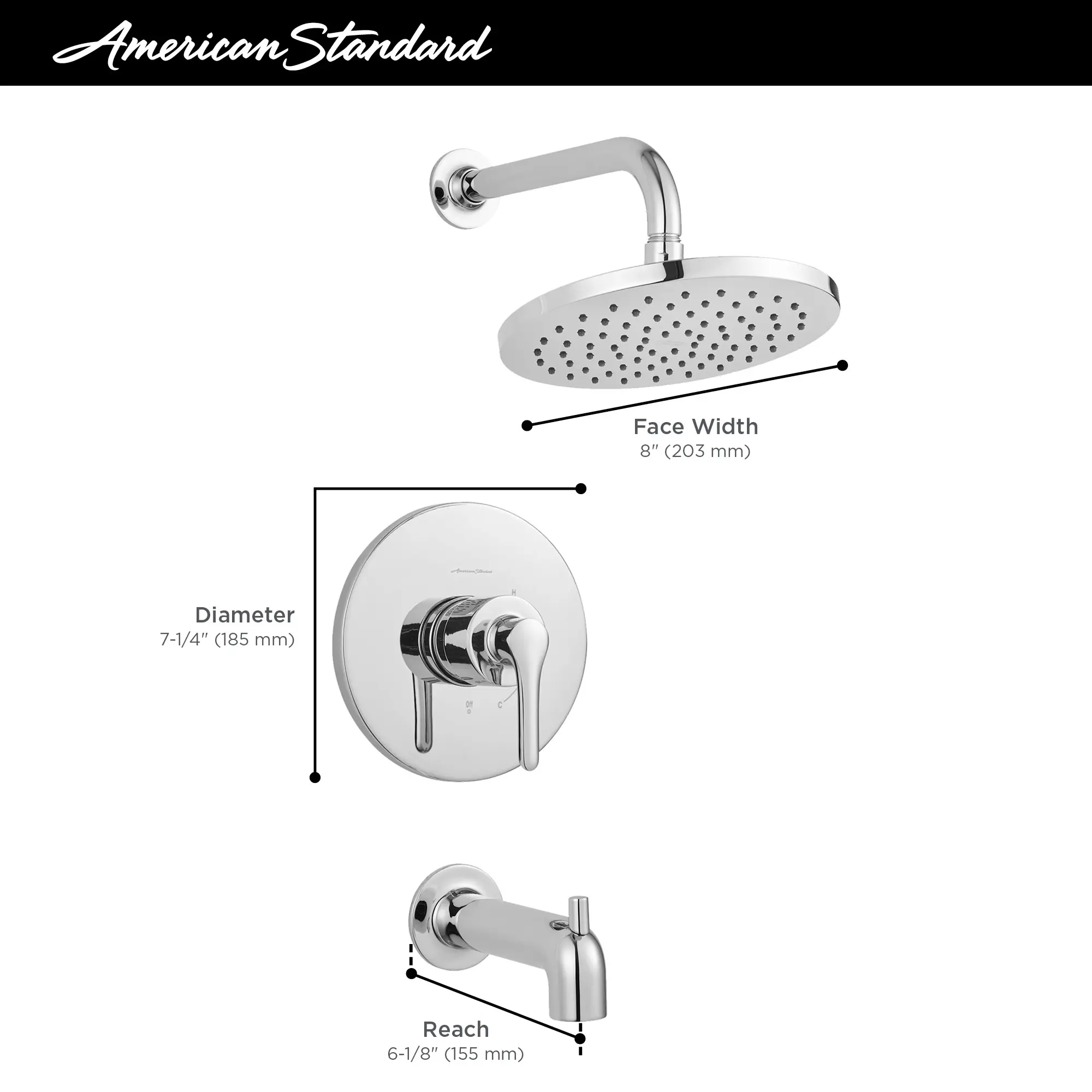 Studio® S 2.5 gpm/9.5 L/min Tub and Shower Trim Kit With Rain Showerhead, Double Ceramic Pressure Balance Cartridge With Lever Handle