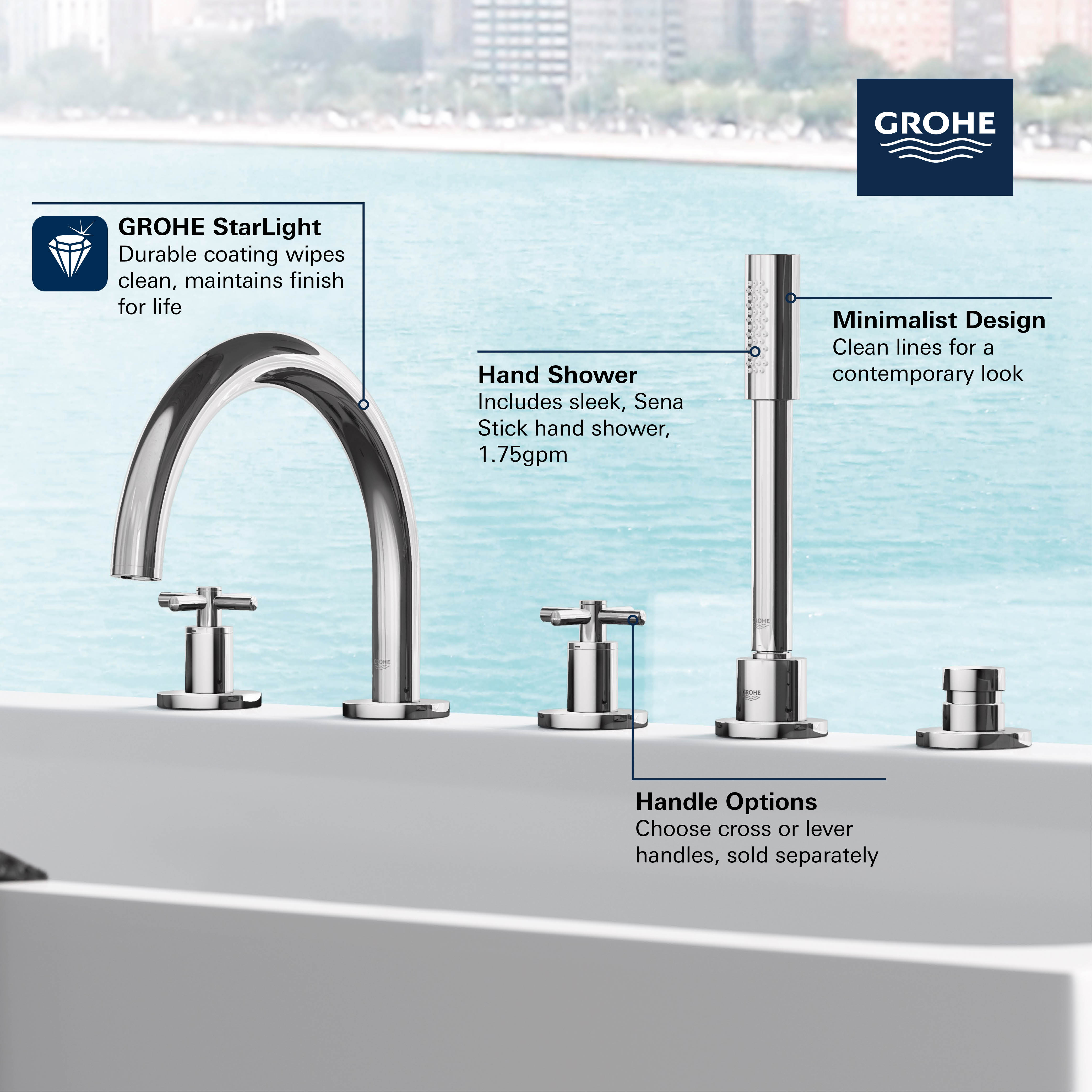 5-Hole 2-Handle Deck Mount Roman Tub Faucet with 6.6 L/min (1.75 gpm) Hand Shower