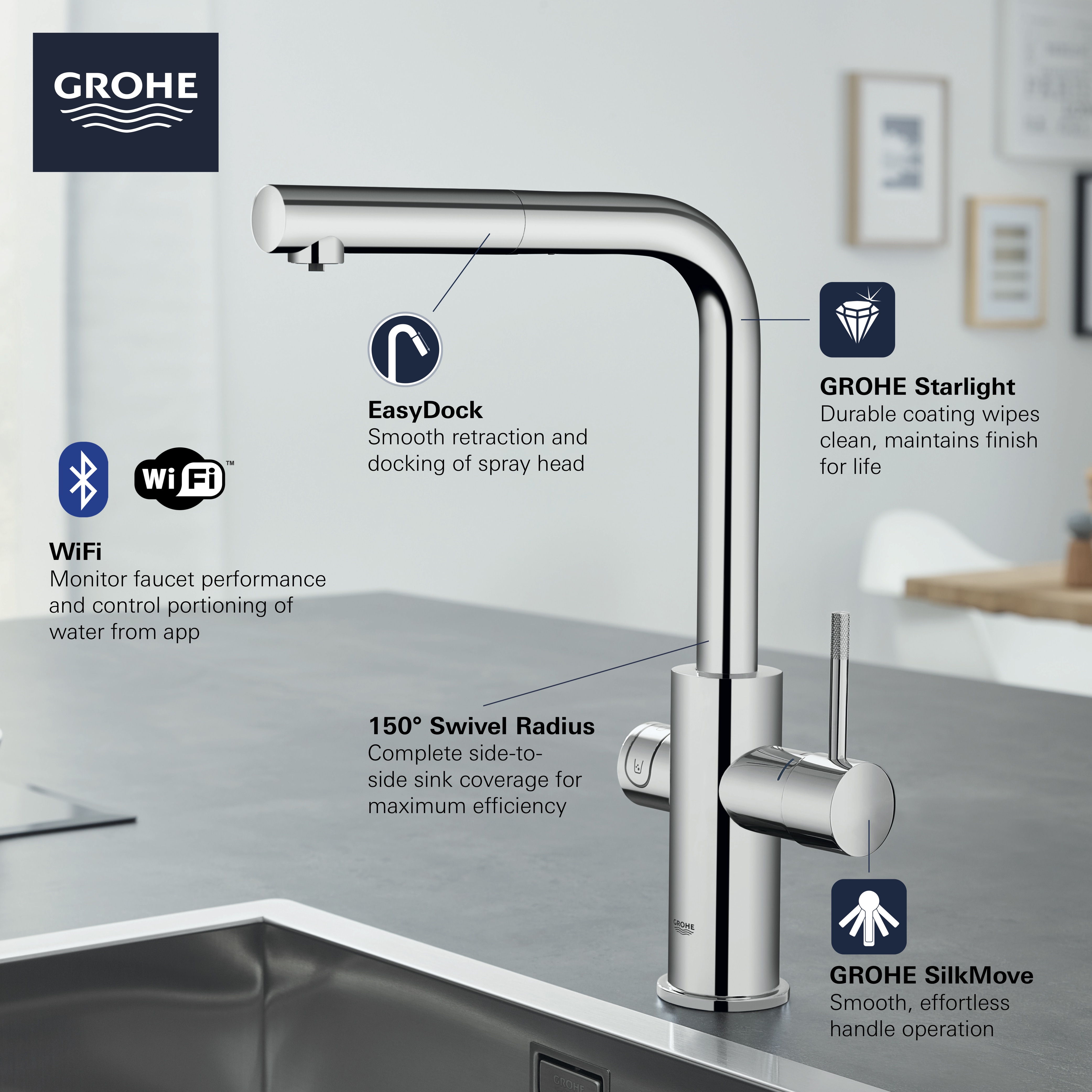 GROHE Blue Single-Handle Pull-Out Kitchen Faucet Single Spray 6.6 L/min (1.75 gpm) with Chilled and Sparkling Water