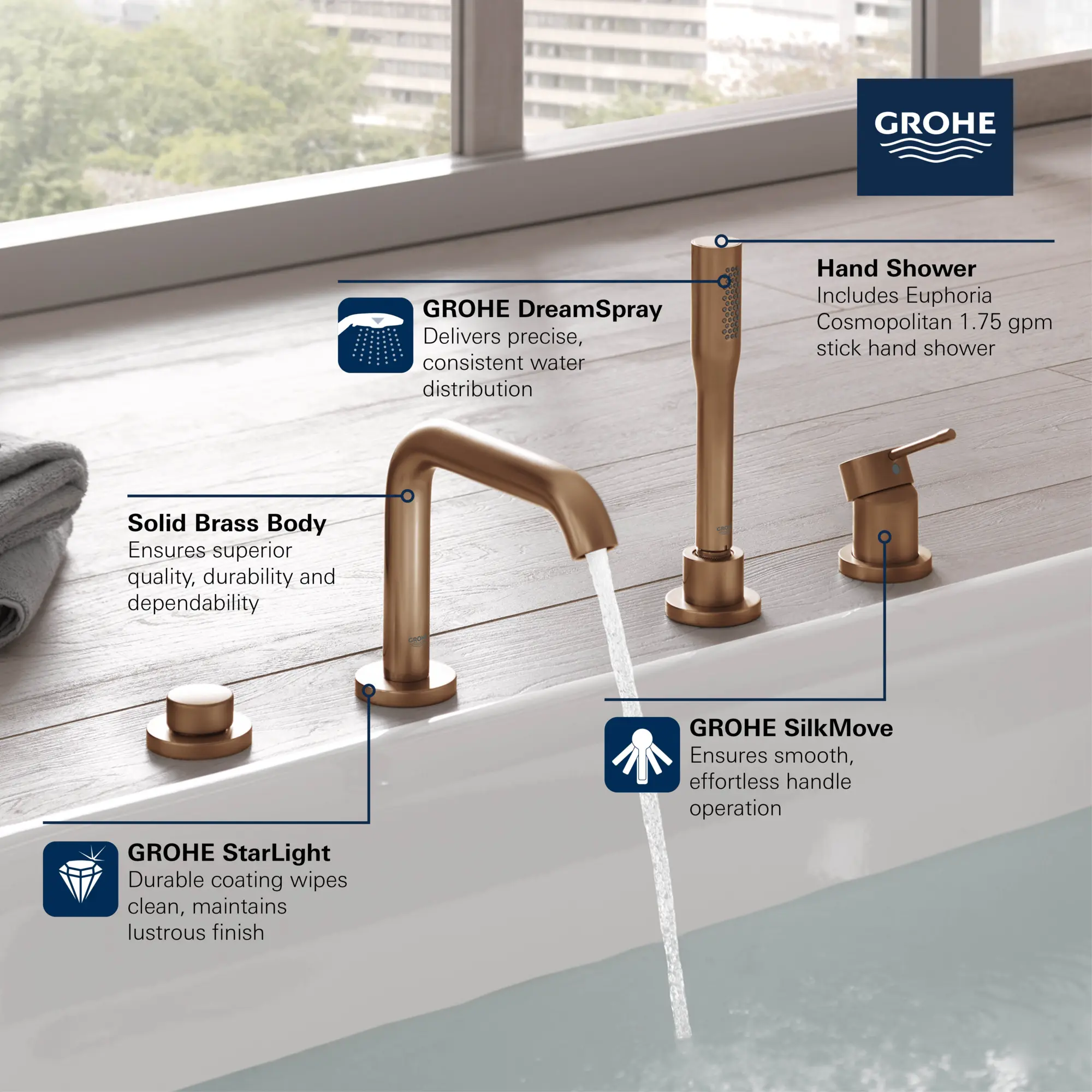 4-Hole Single-Handle Deck Mount Roman Tub Faucet with 6.6 L/min (1.75 gpm) Hand Shower