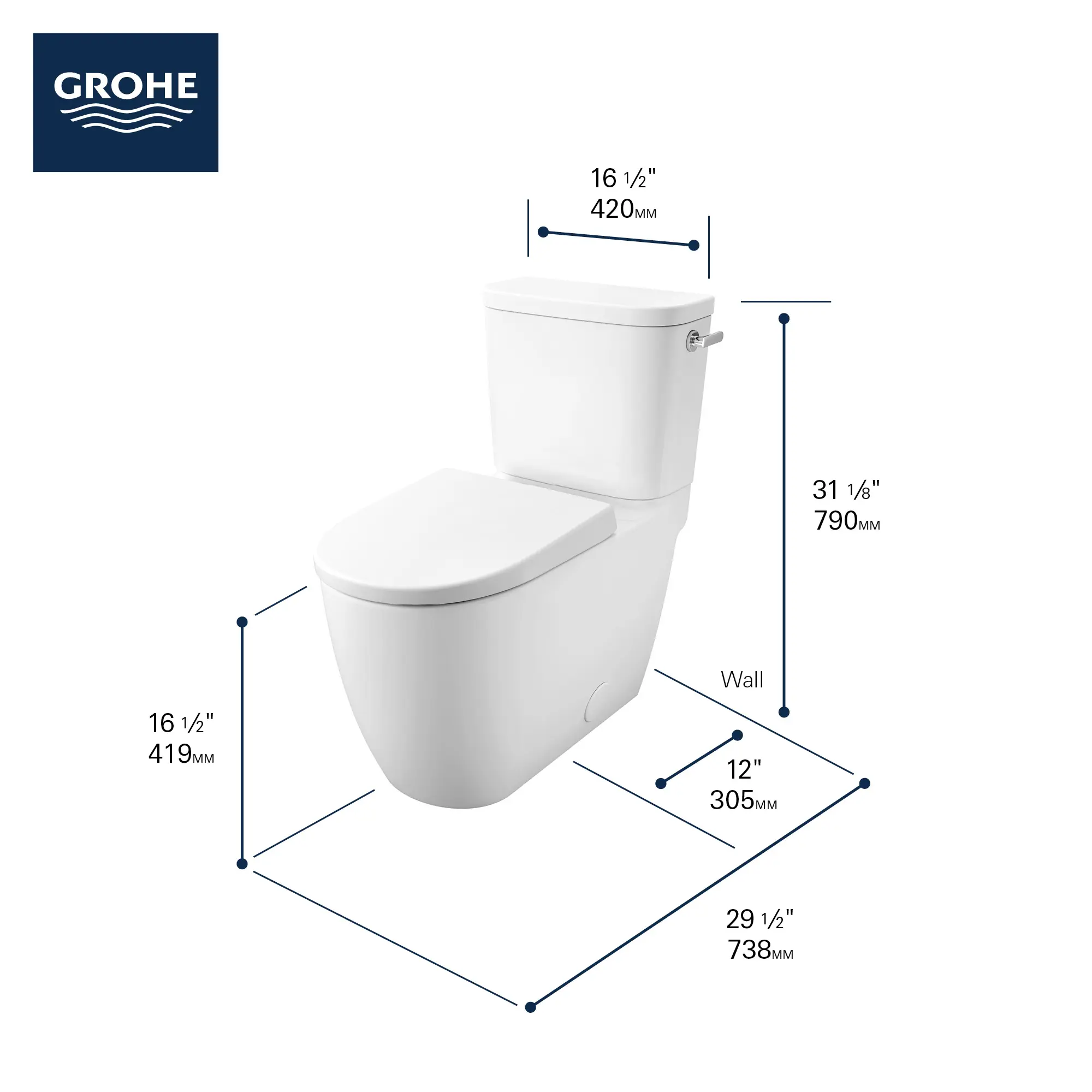 Two-piece Right height Elongated Toilet with seat, Right-Hand Trip Lever