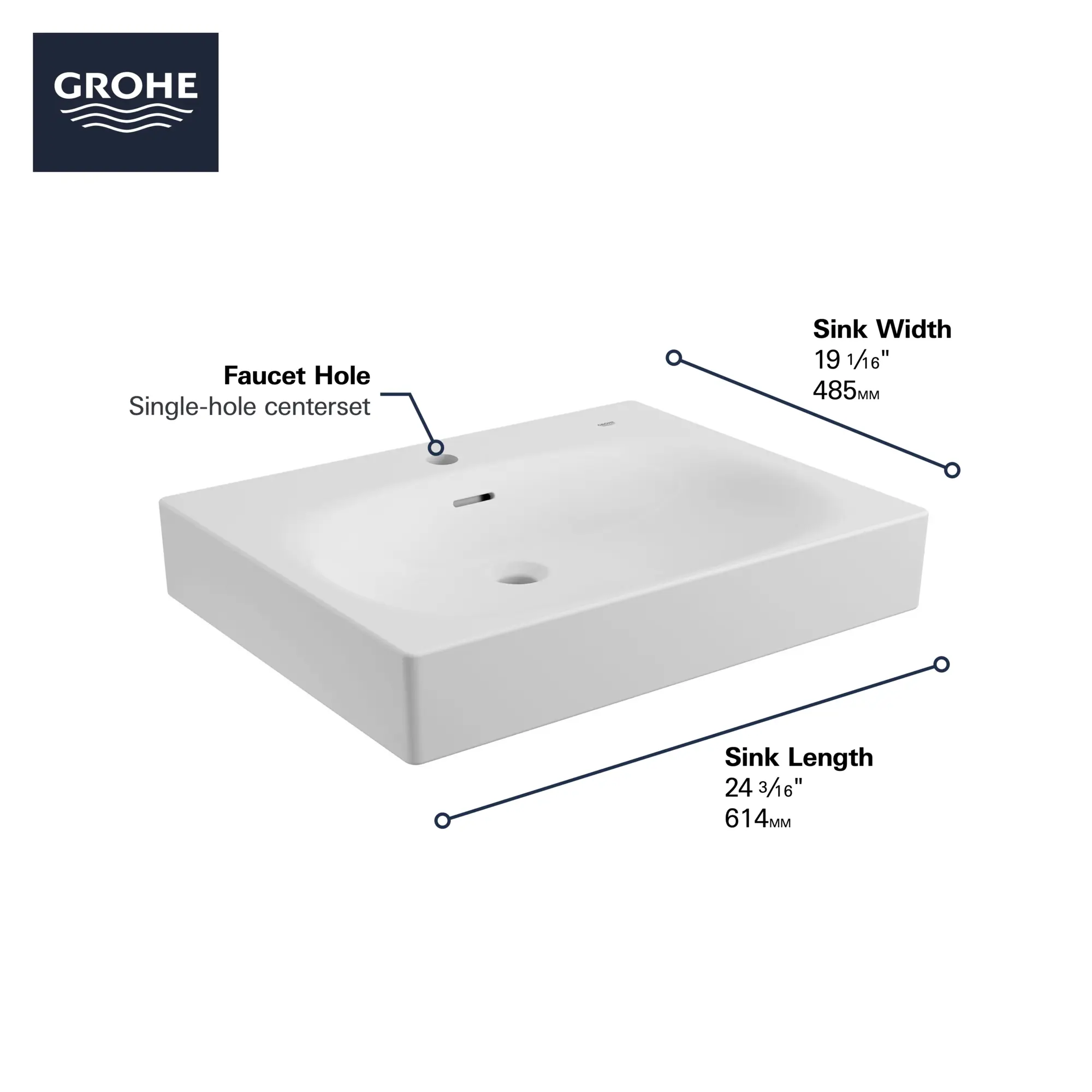 Wall Mount 24" Bathroom Sink, 1-hole