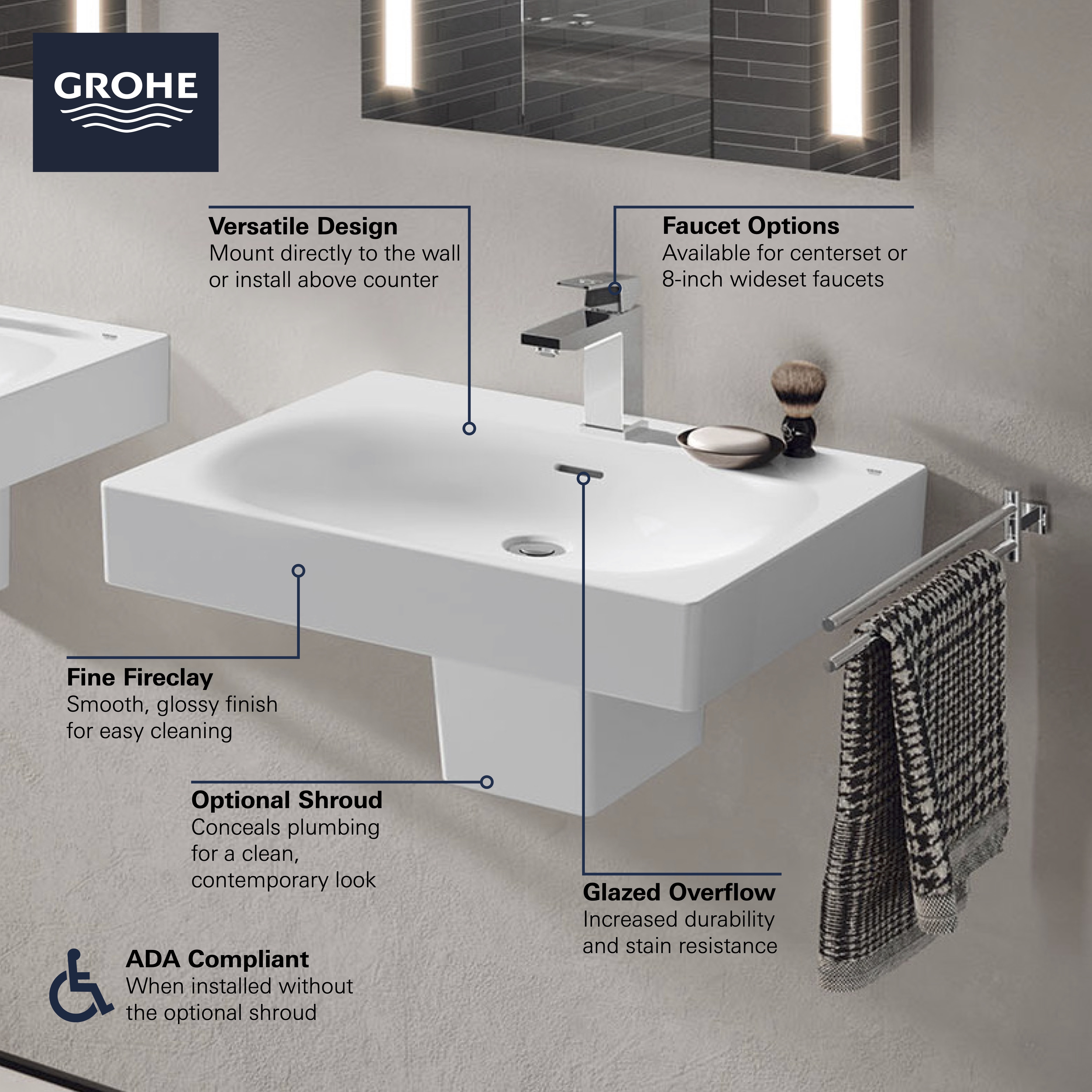 GROHE 39668000 Essence Wall Mount/Above Counter 27" Bathroom Sink with Essence  Widespread Bathroom Faucet in Polished Nickel 並行輸入品 浴室、浴槽、洗面所