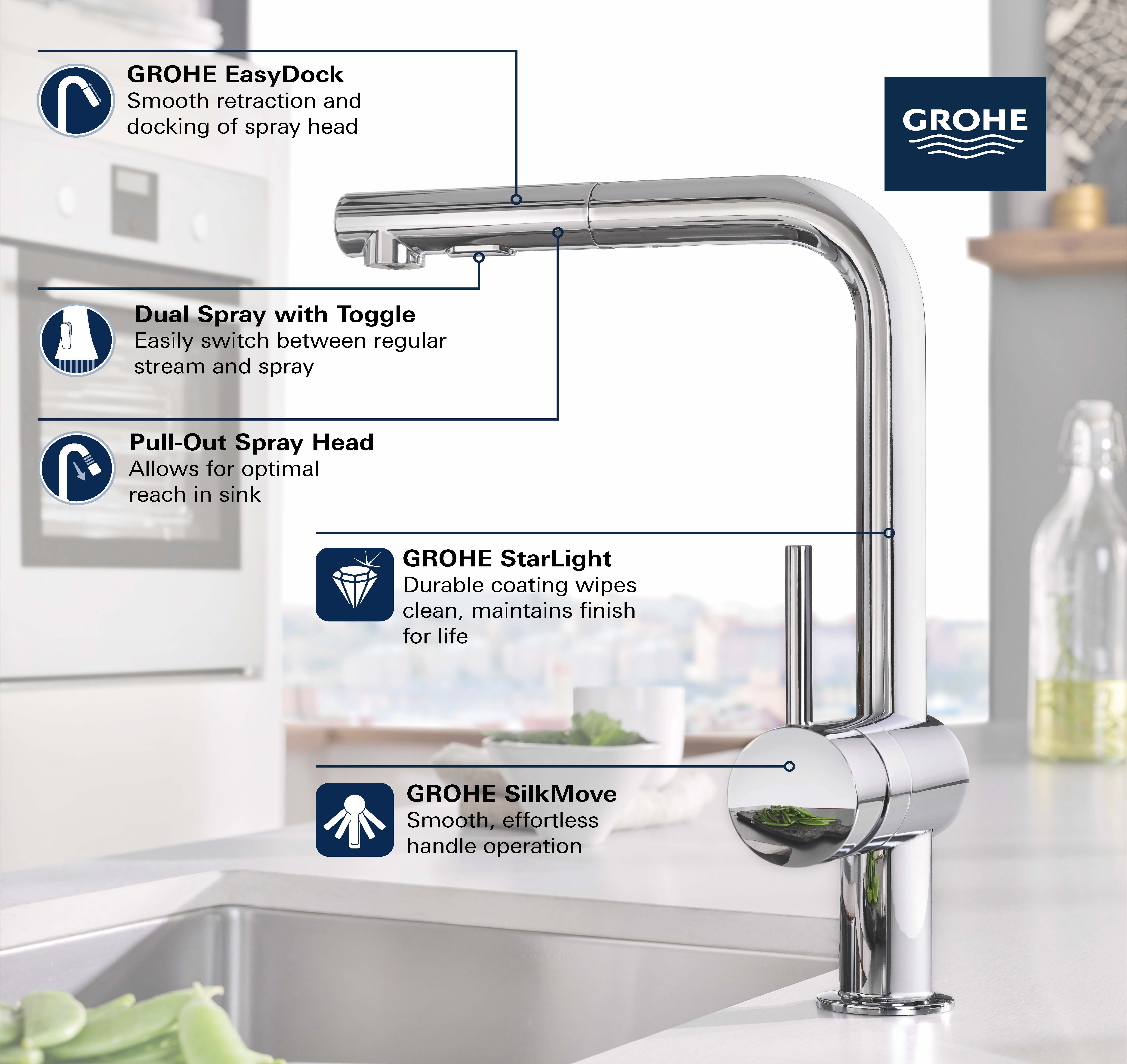 Grohe Minta Mezclador monomando de fregadero con ducha extraíble,  Supersteel (G-30274DC0)