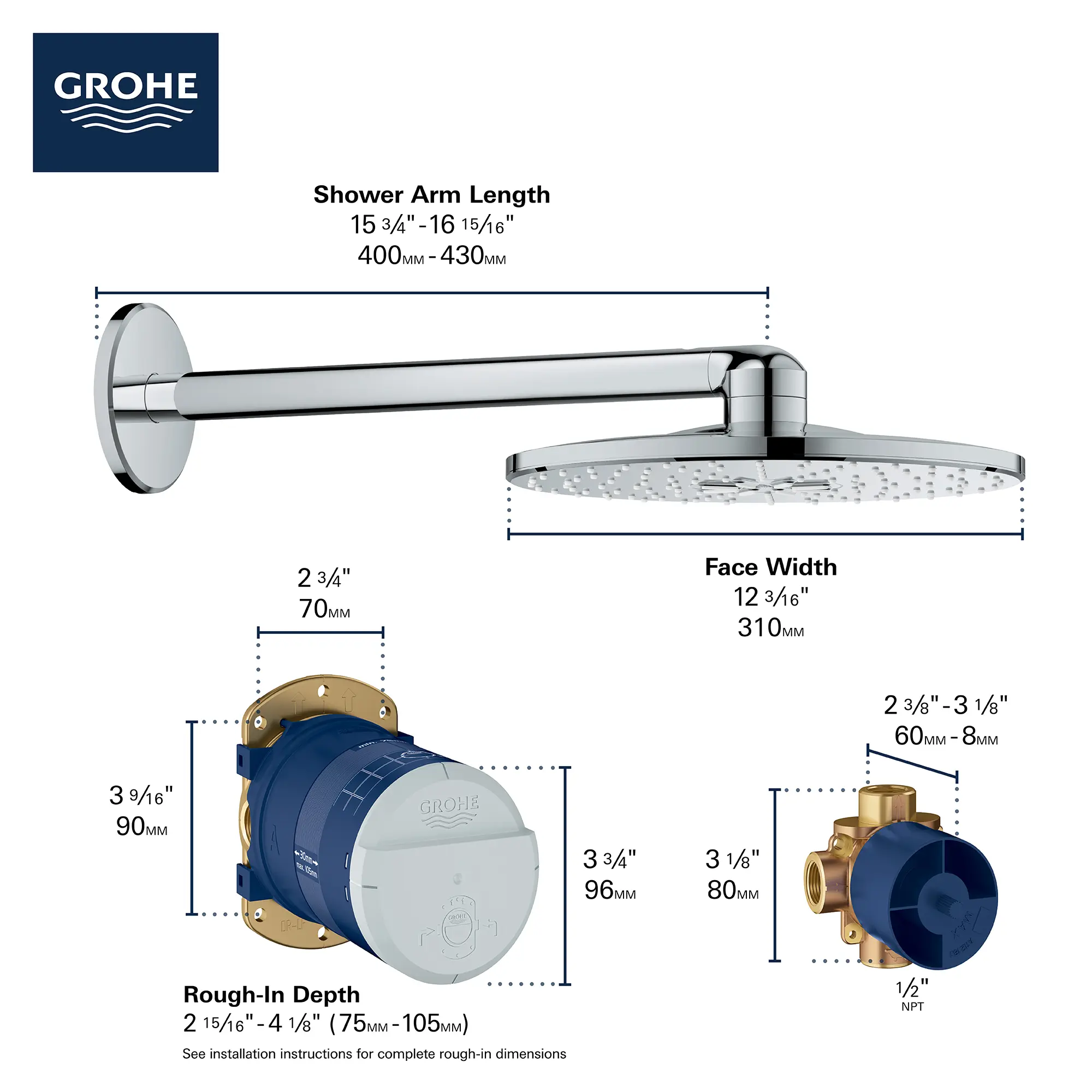 310  Shower Head Set, 12" - 2 Sprays, 6.6 L/min (1.75 gpm)