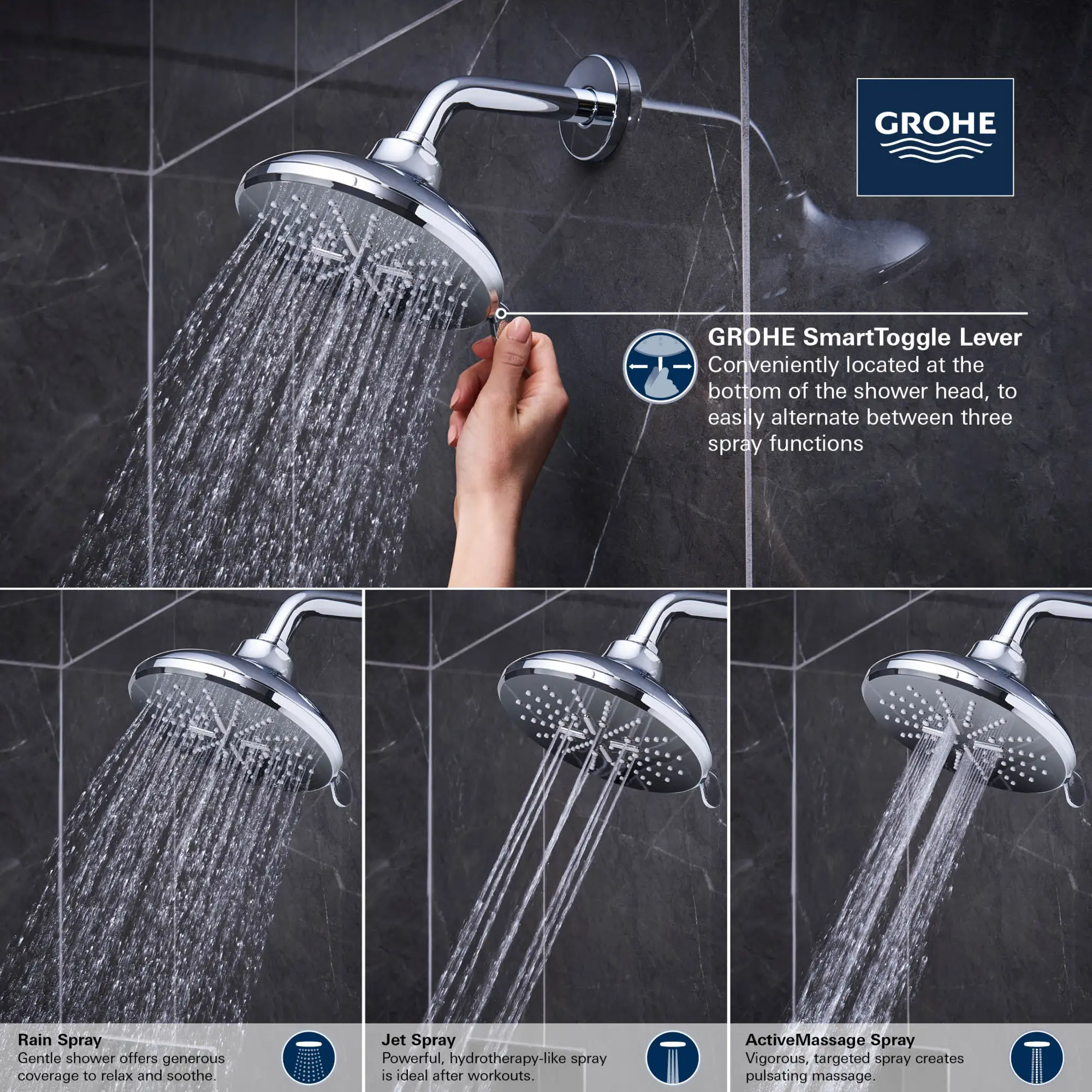 Shower Head, 6-1/2" - 3 Sprays, 1.75 GPM (6.6 L/min)