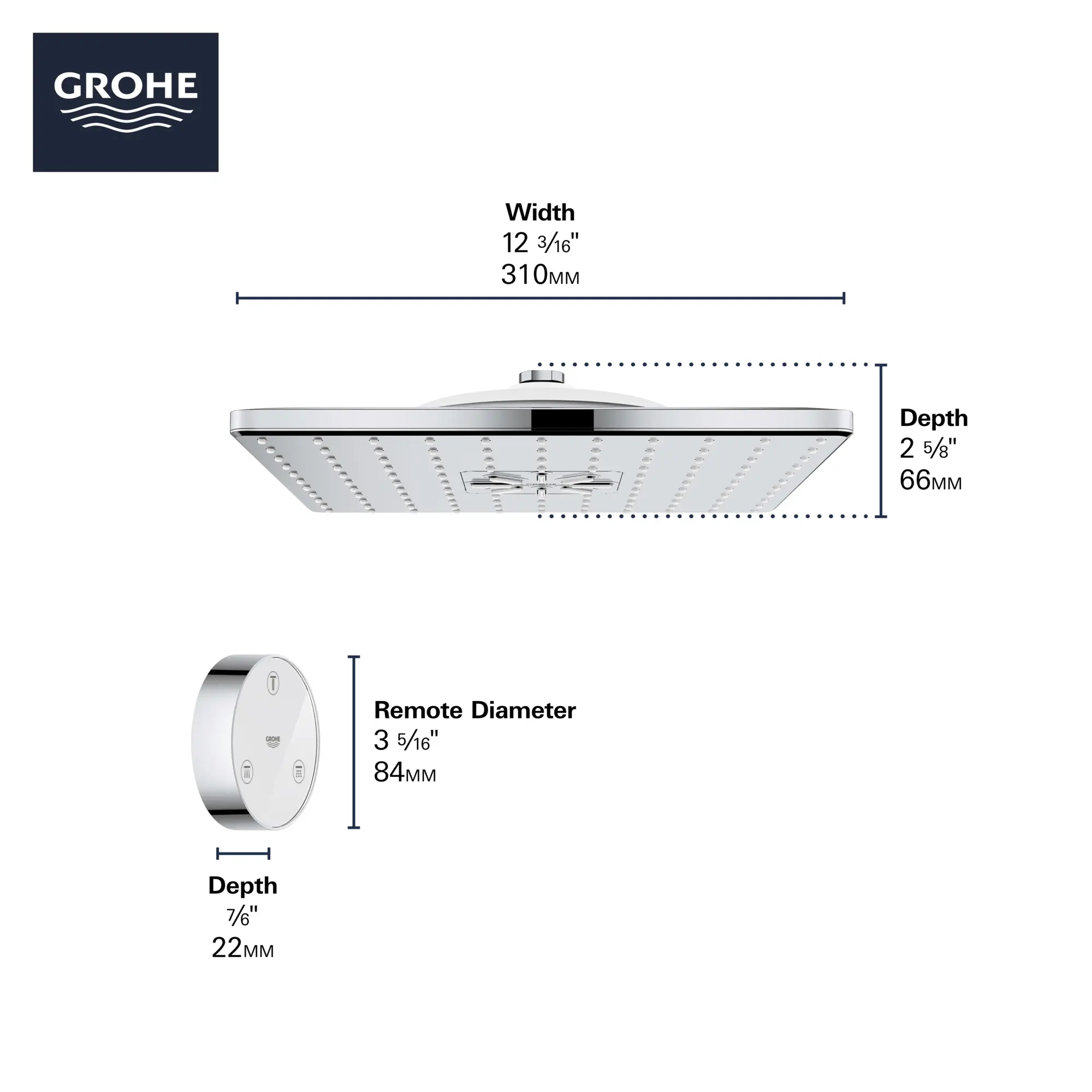 Shower Head with Remote, 12" - 2 Sprays, 1.75 GPM (6.6 L/min)