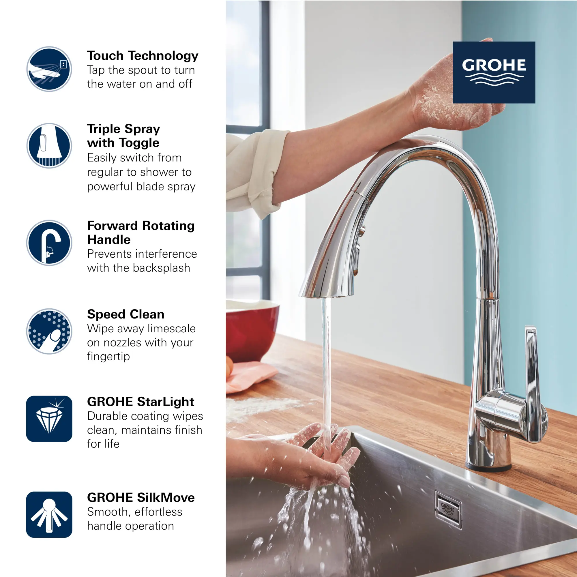 Single-Handle Pull Down Kitchen Faucet Triple Spray 6.6 L/min (1.75 gpm) with
Touch Technology