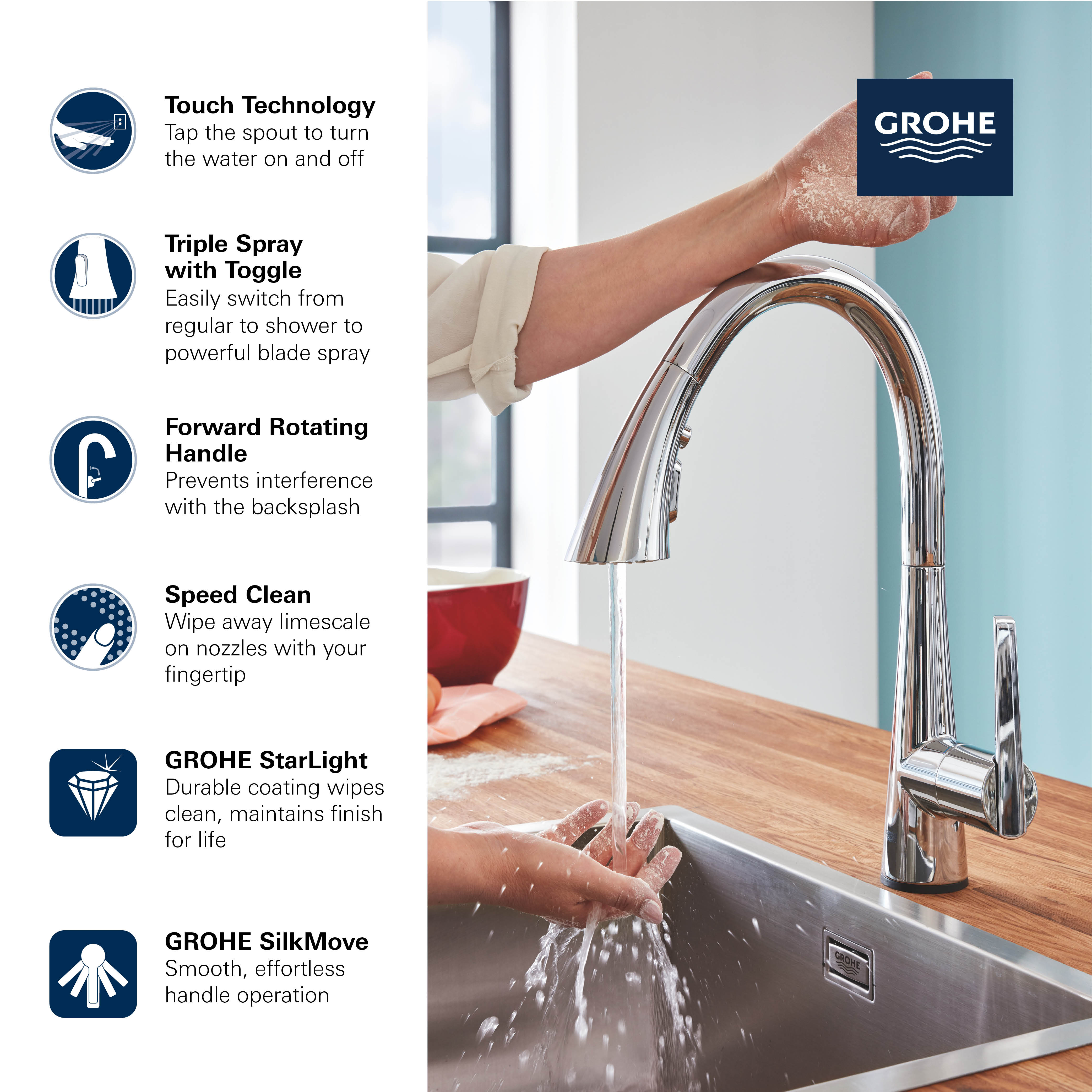 GROHE Zedra Single-Handle Pull Down Kitchen Faucet Triple Spray 1.75 GPM (6.6 L/min) with Touch Technology