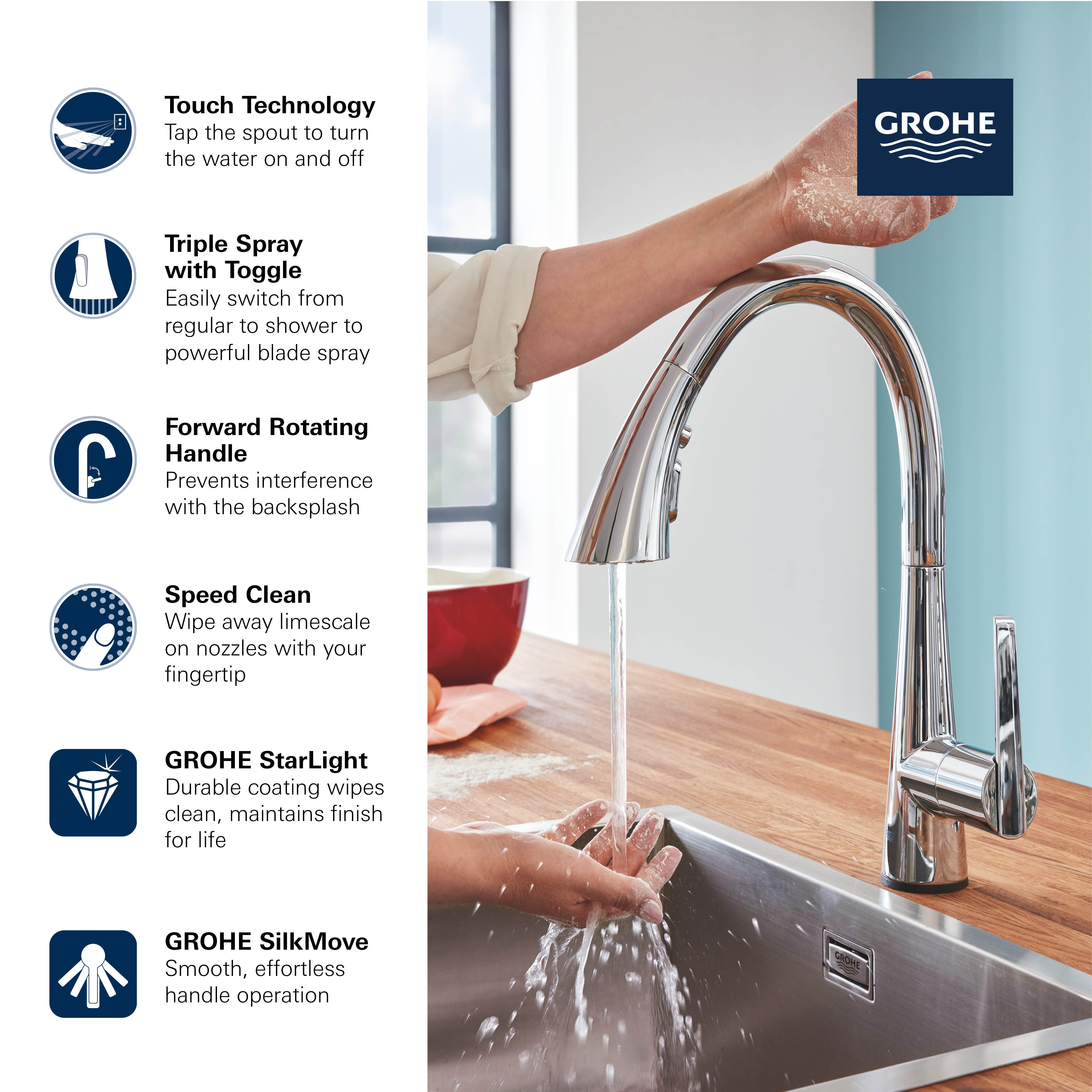 Single-Handle Pull Down Kitchen Faucet Triple Spray 6.6 L/min (1.75 gpm) with
Touch Technology