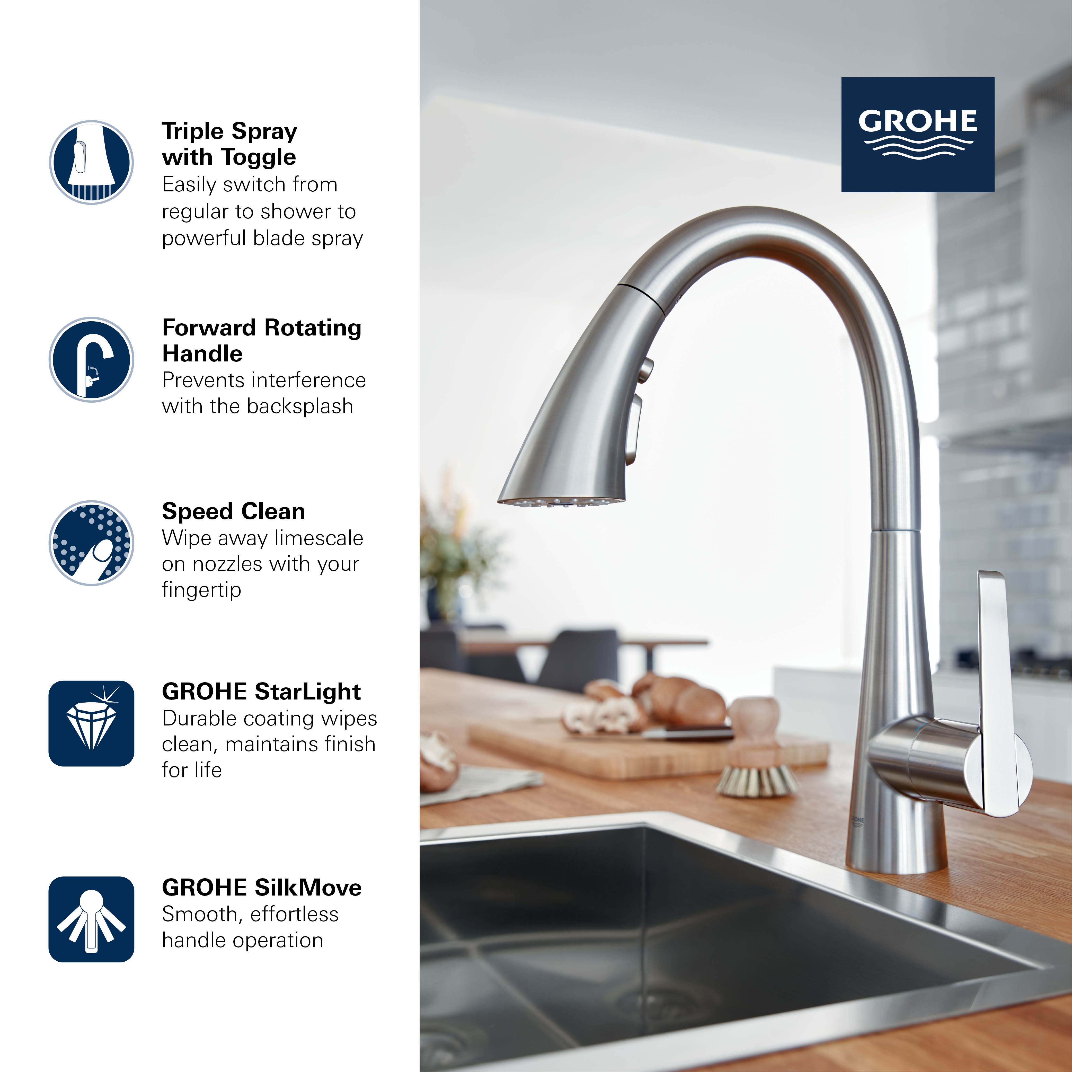 GROHE Zedra Single-Handle Pull Down Triple Spray Bar Faucet 1.75 GPM (6.6 L/min)