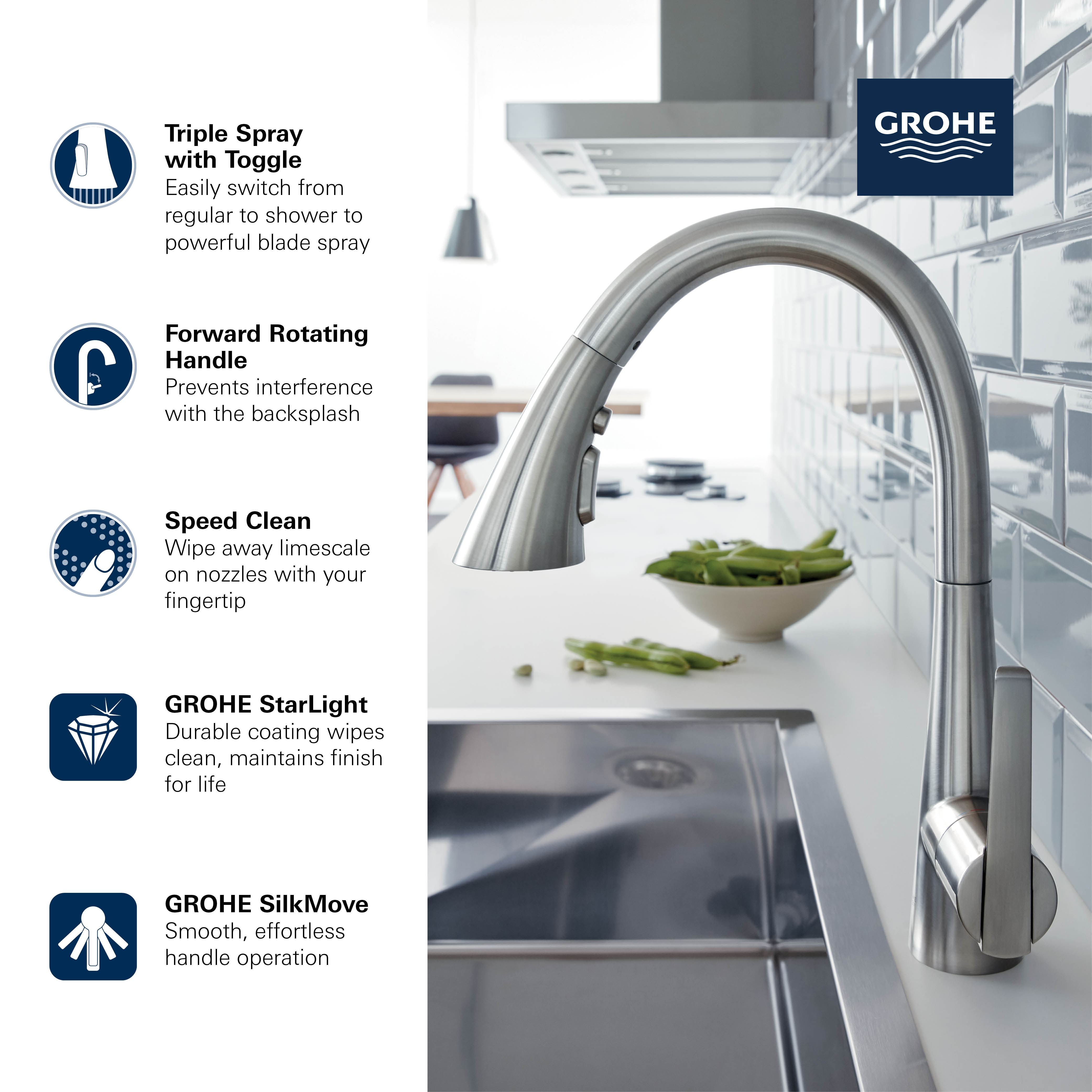 GROHE Zedra Single-Handle Pull Down Kitchen Faucet Triple Spray 1.75 GPM (6.6 L/min)